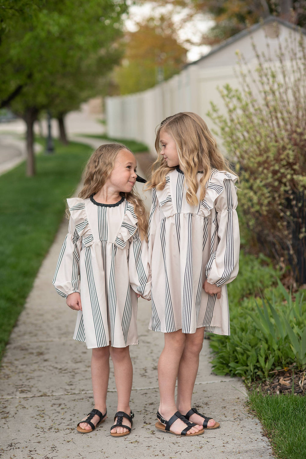 Kids Cream & Black Stripe Long Puff Sleeve Ruffle Fall Dress