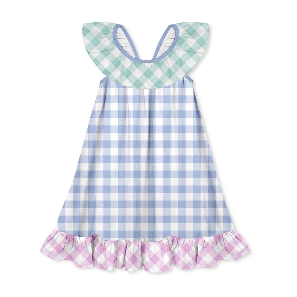 Periwinkle & Mint Gingham Ruffle-Hem Yoke Dress