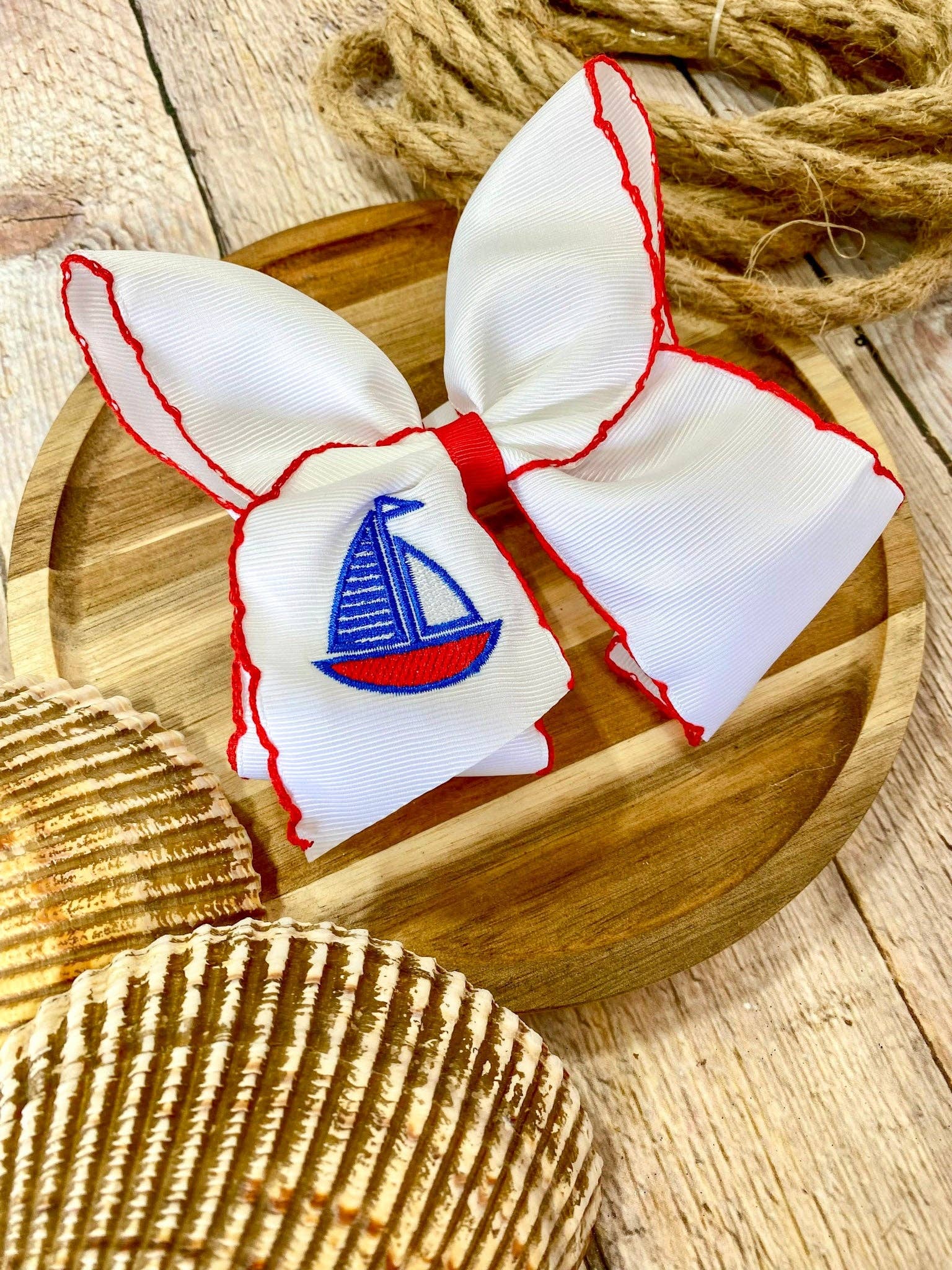 Sailboat Embroidered Classic Hair Bow | Clip or Headband