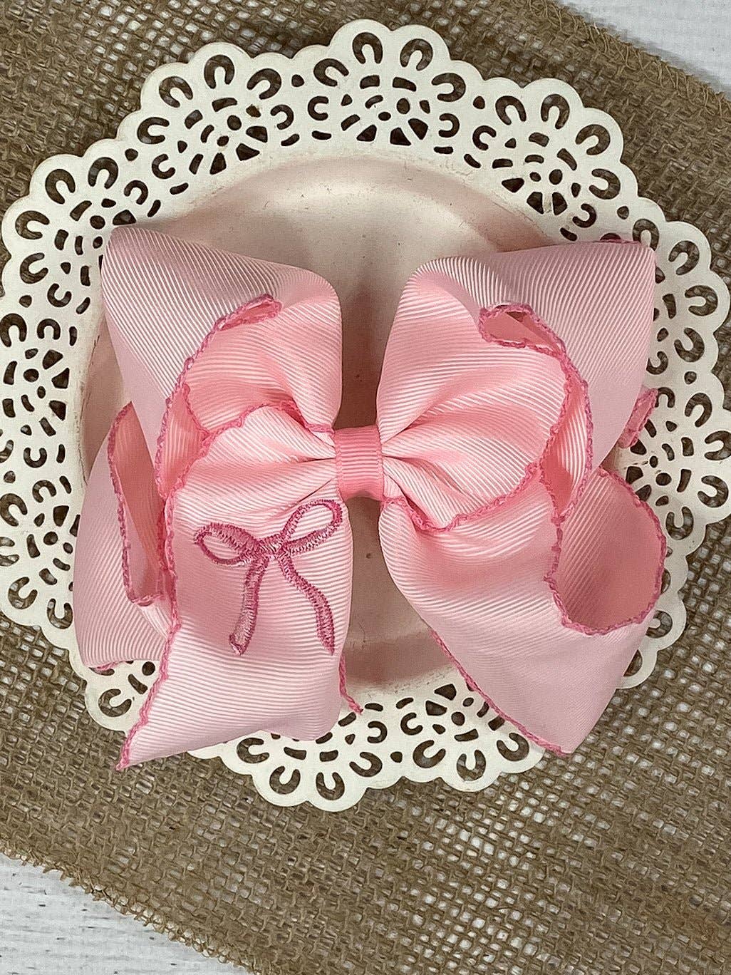Pink Coquette Moonstitch Hair Bow | Clip or Headband
