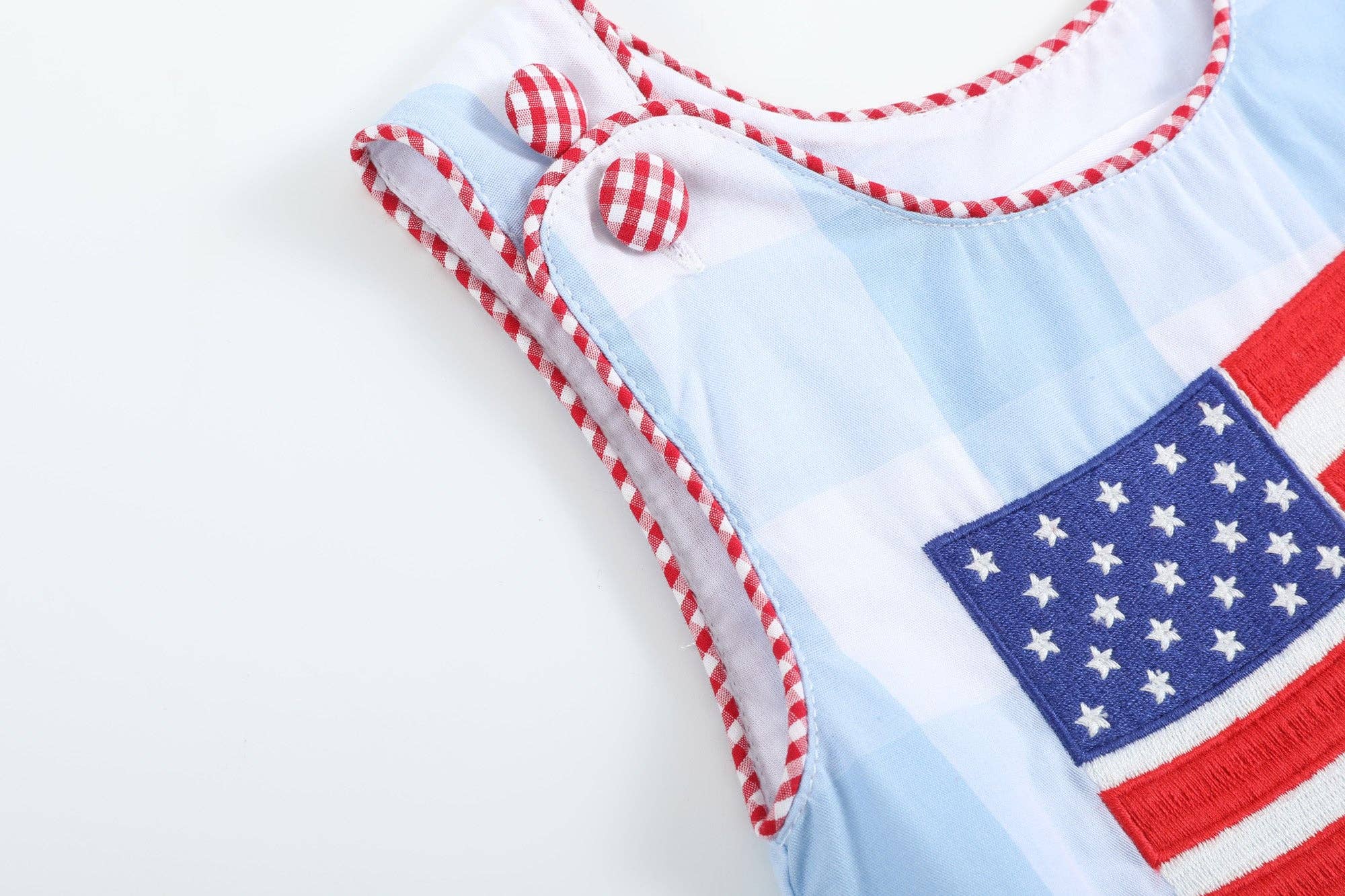 Light Blue Gingham USA American Flag Romper