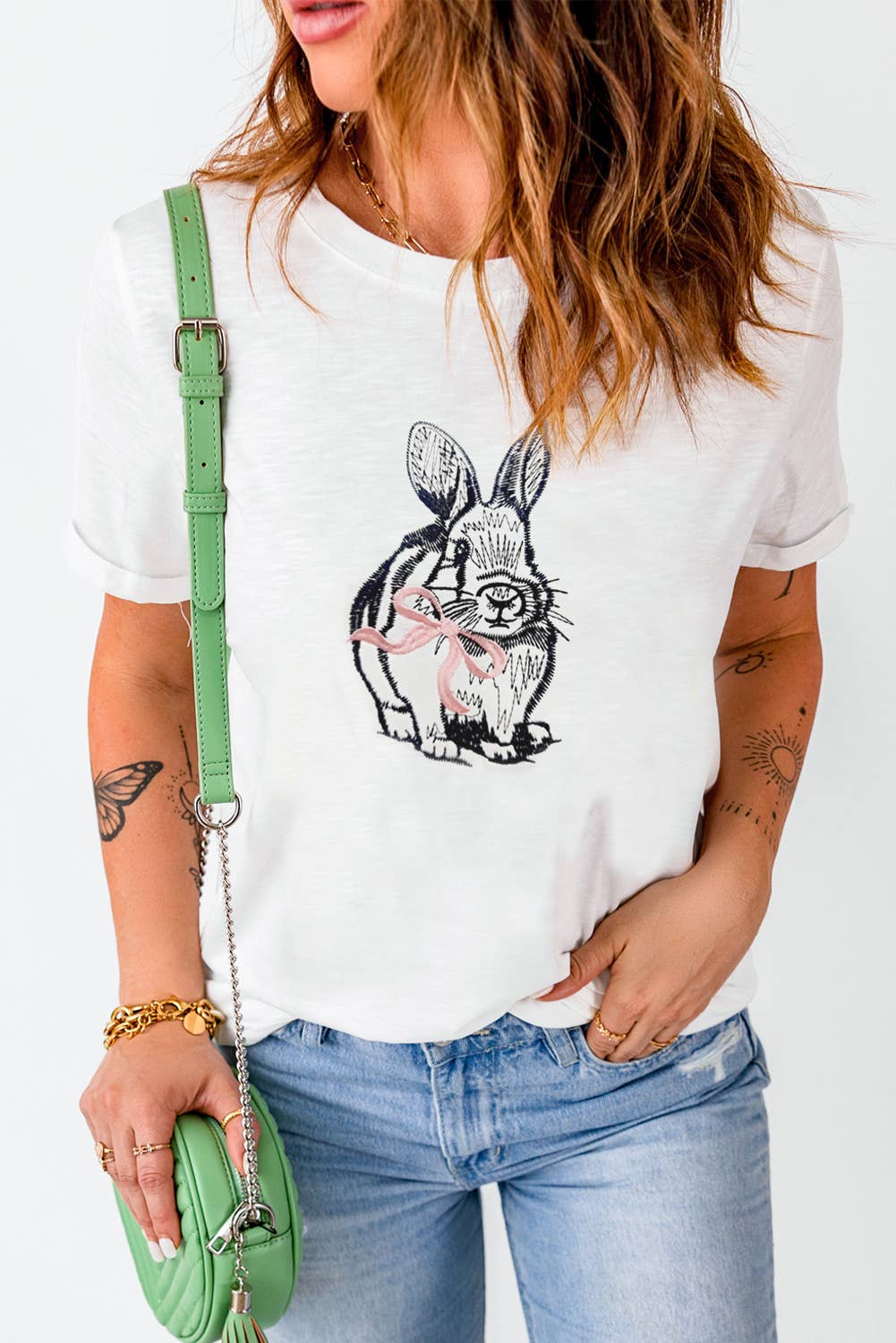 LDC Easter Bunny Embroidered Bow Graphic Tee