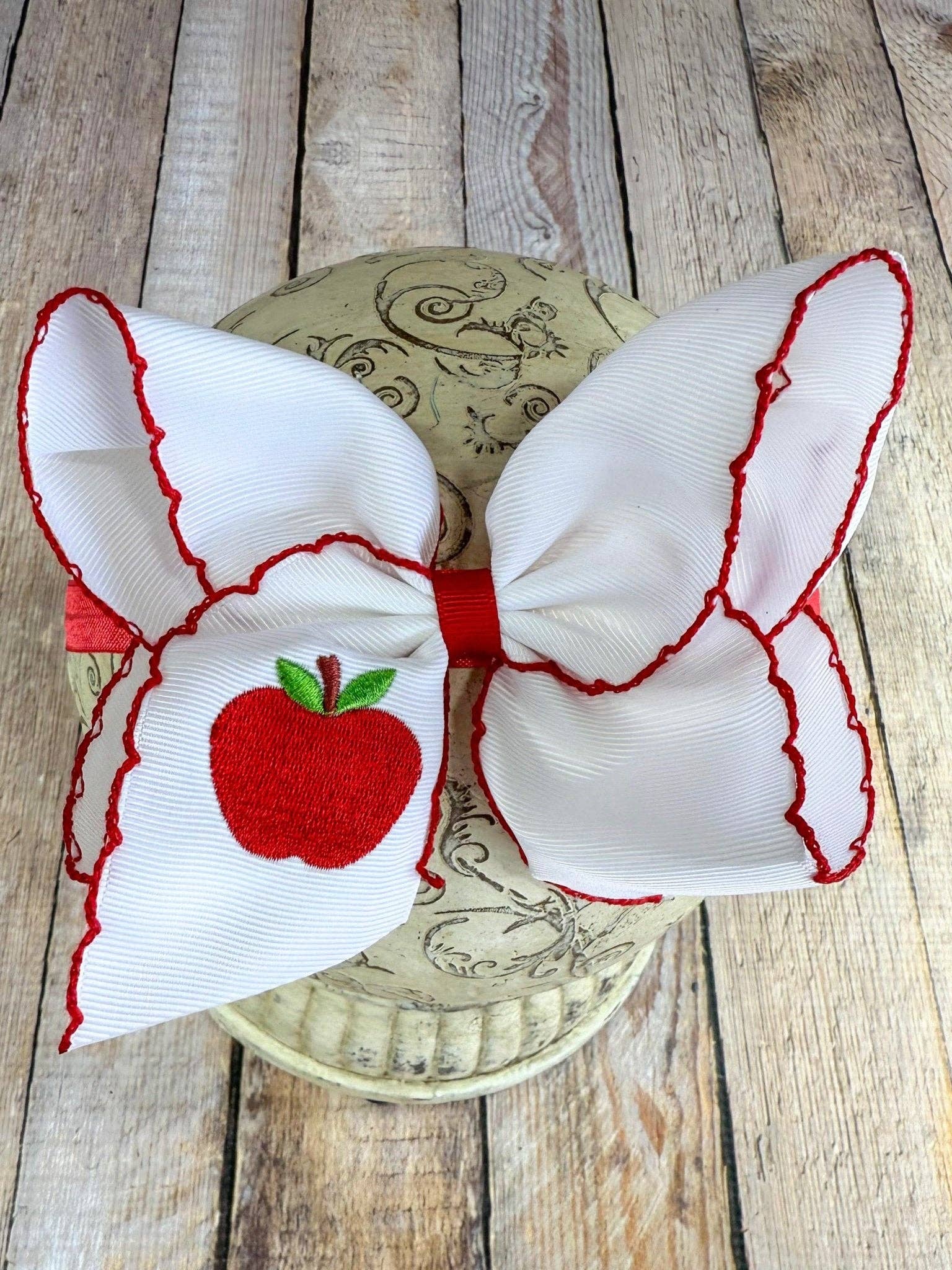White Apple Embroidered Moonstitch Hair Bow | Clip or Headband