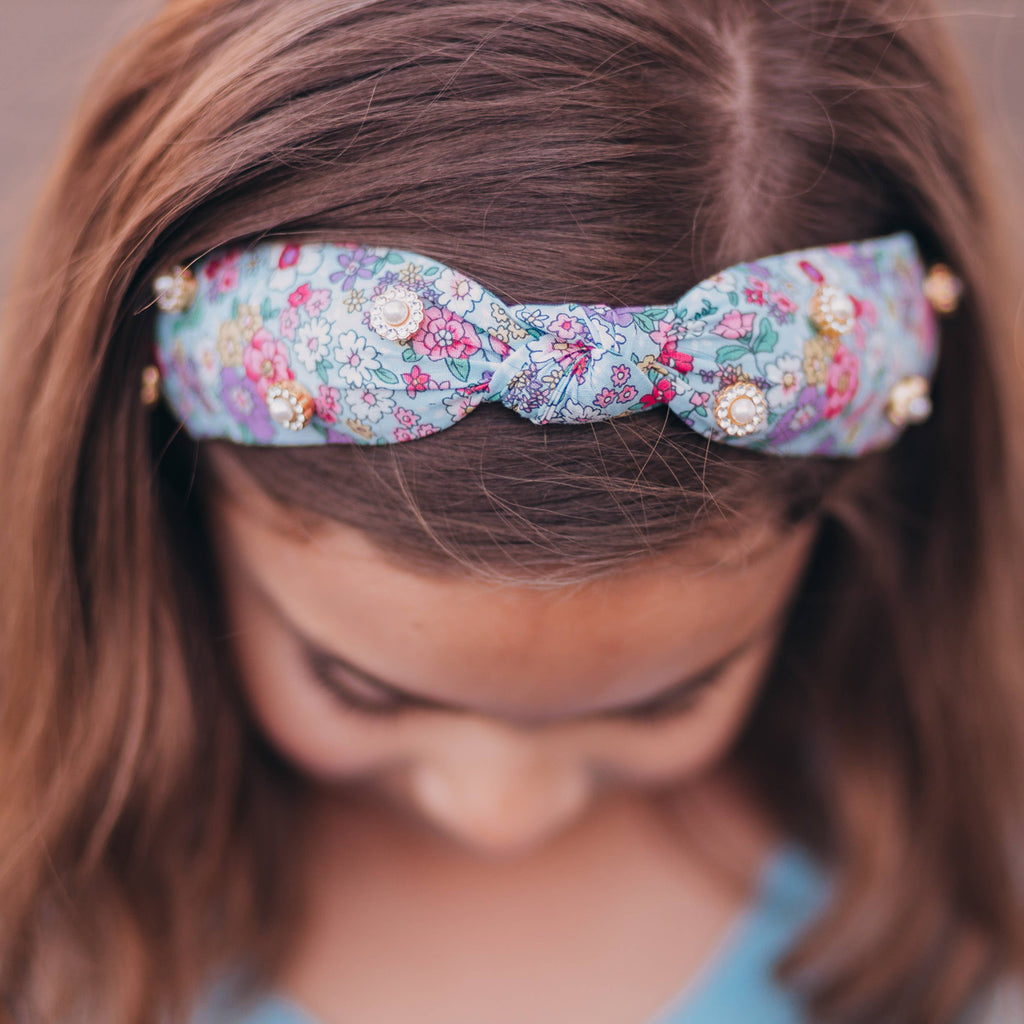 Kids Knot Headband - Embellished Floral Rhinestone Pearl
