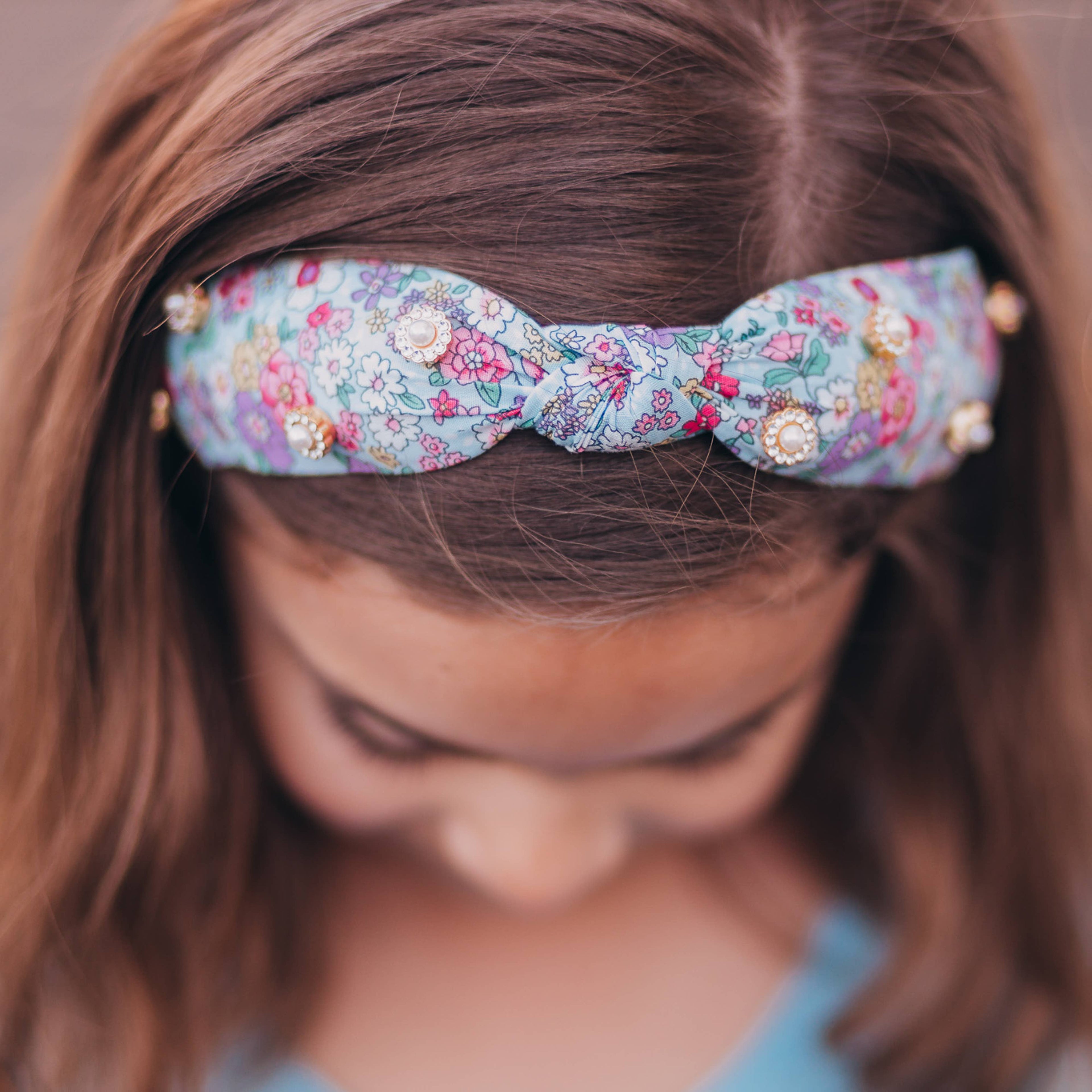 Kids Knot Headband - Embellished Floral Rhinestone Pearl