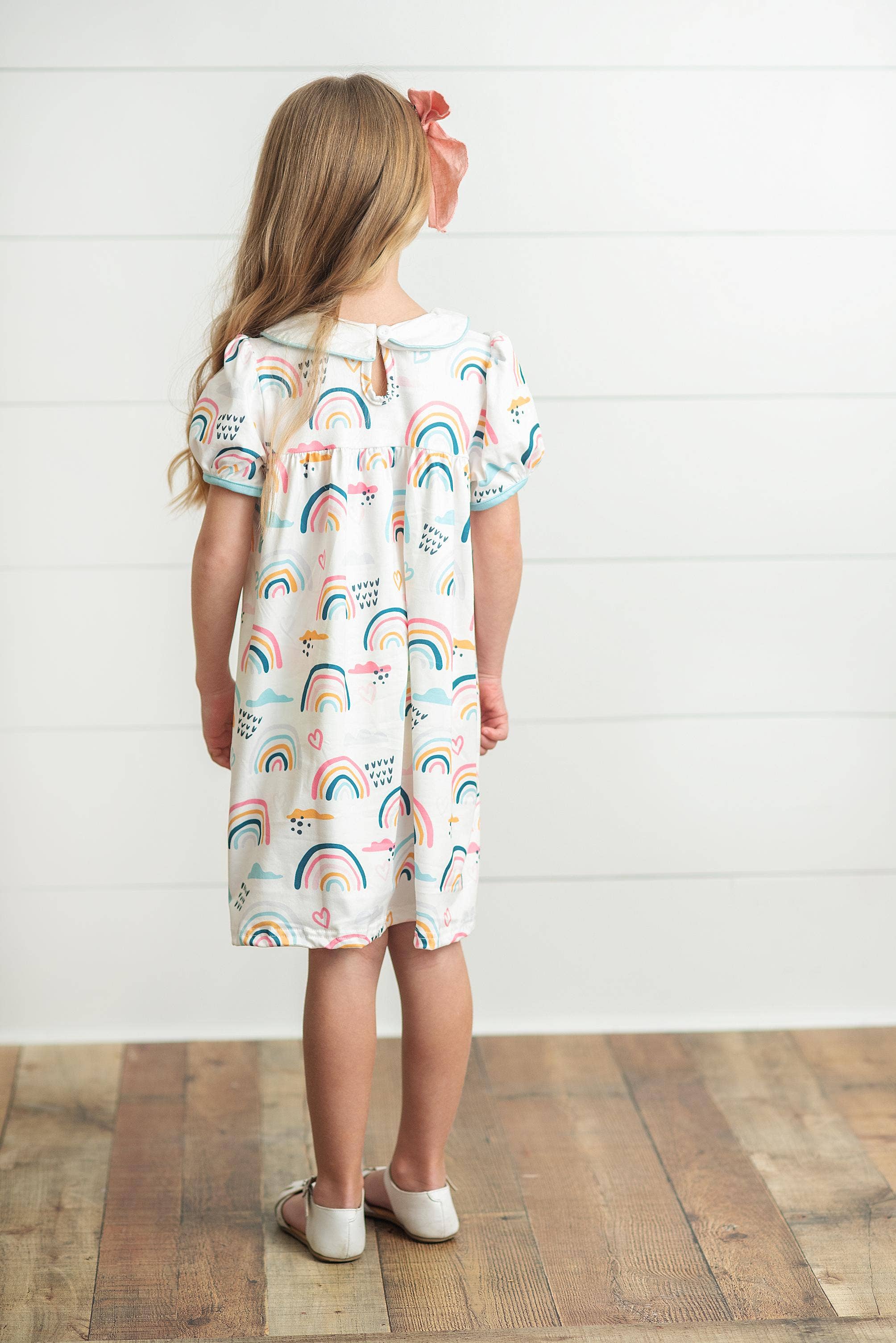 Kids Pastel Rainbow Collared Embroidered Spring Easter Dress