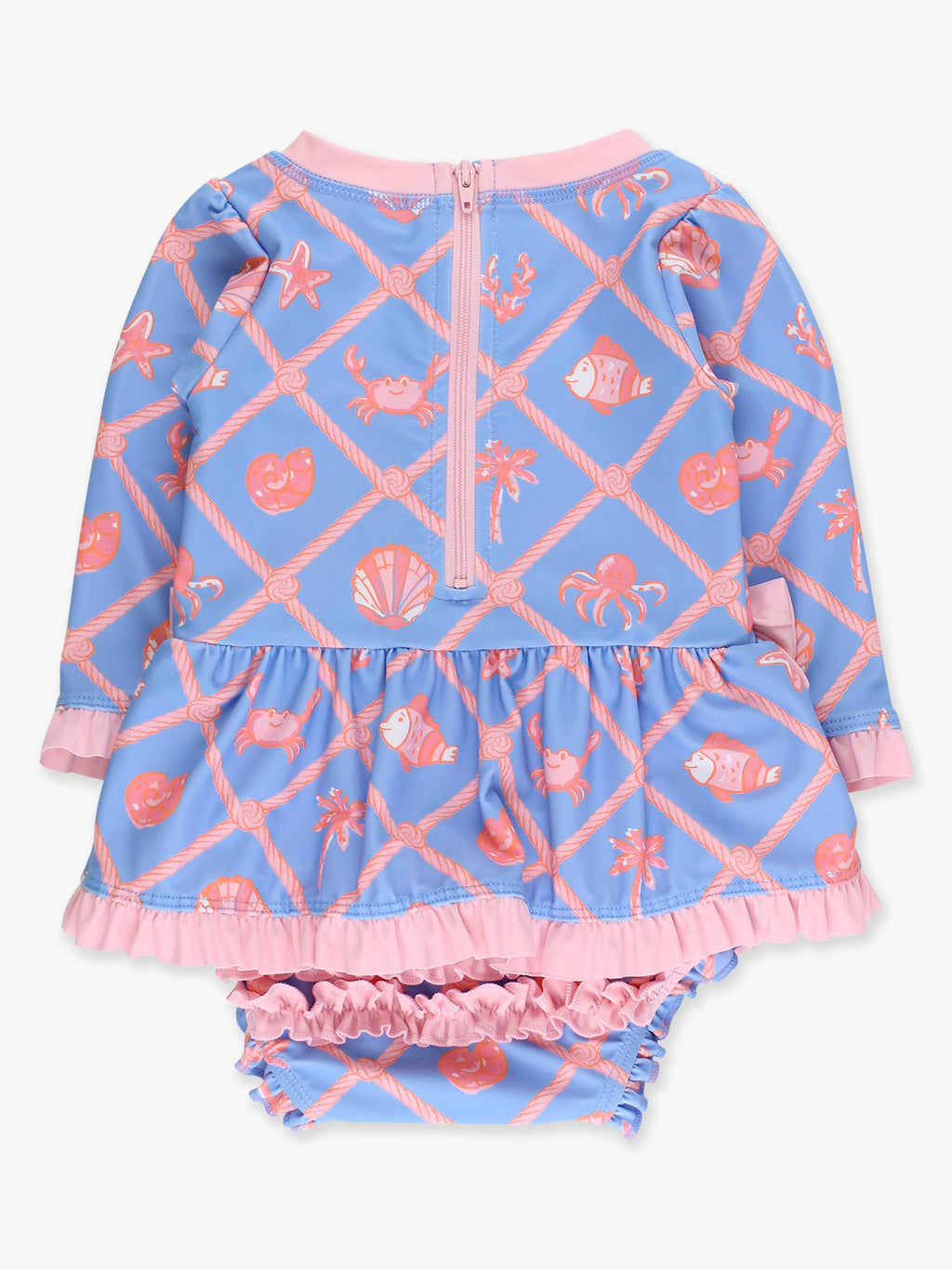 Baby Girls Tropical Trellis Long Sleeve One Piece Bow Peplum Rash Guard Swimsuit with Signature Rear Ruffles