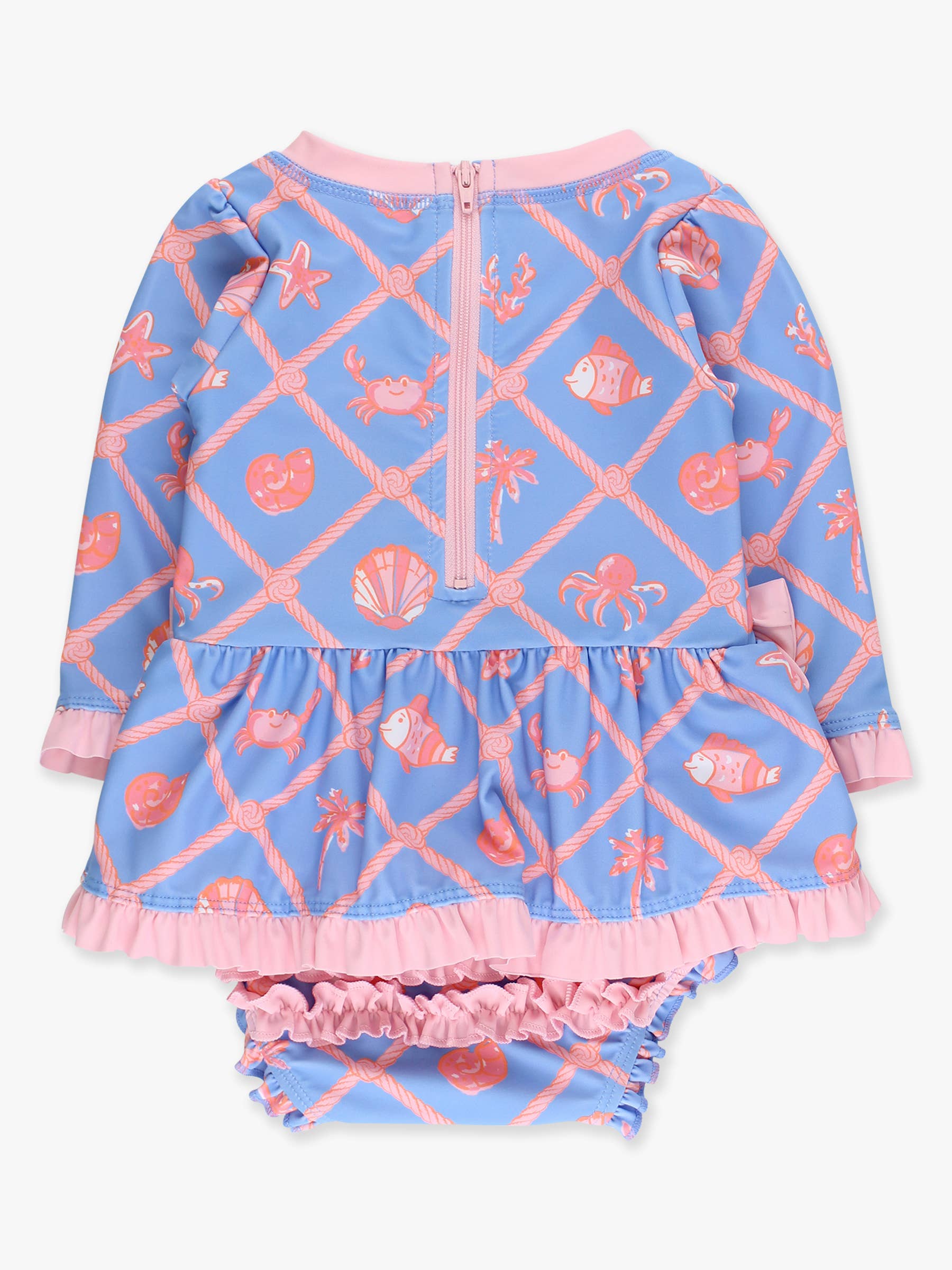 Baby Girls Tropical Trellis Long Sleeve One Piece Bow Peplum Rash Guard Swimsuit with Signature Rear Ruffles