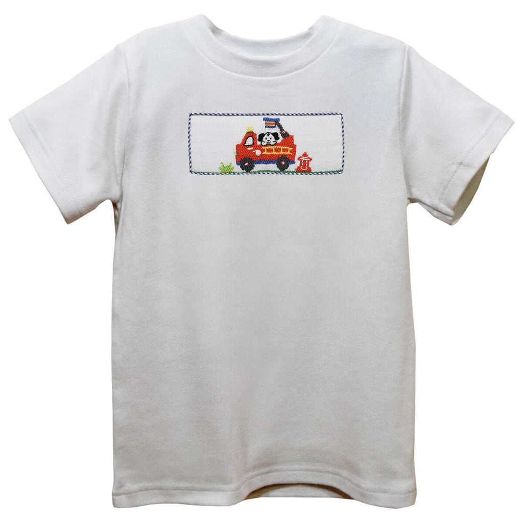 Firetruck Smocked White Knit Short Sleeve Boys T-Shirt