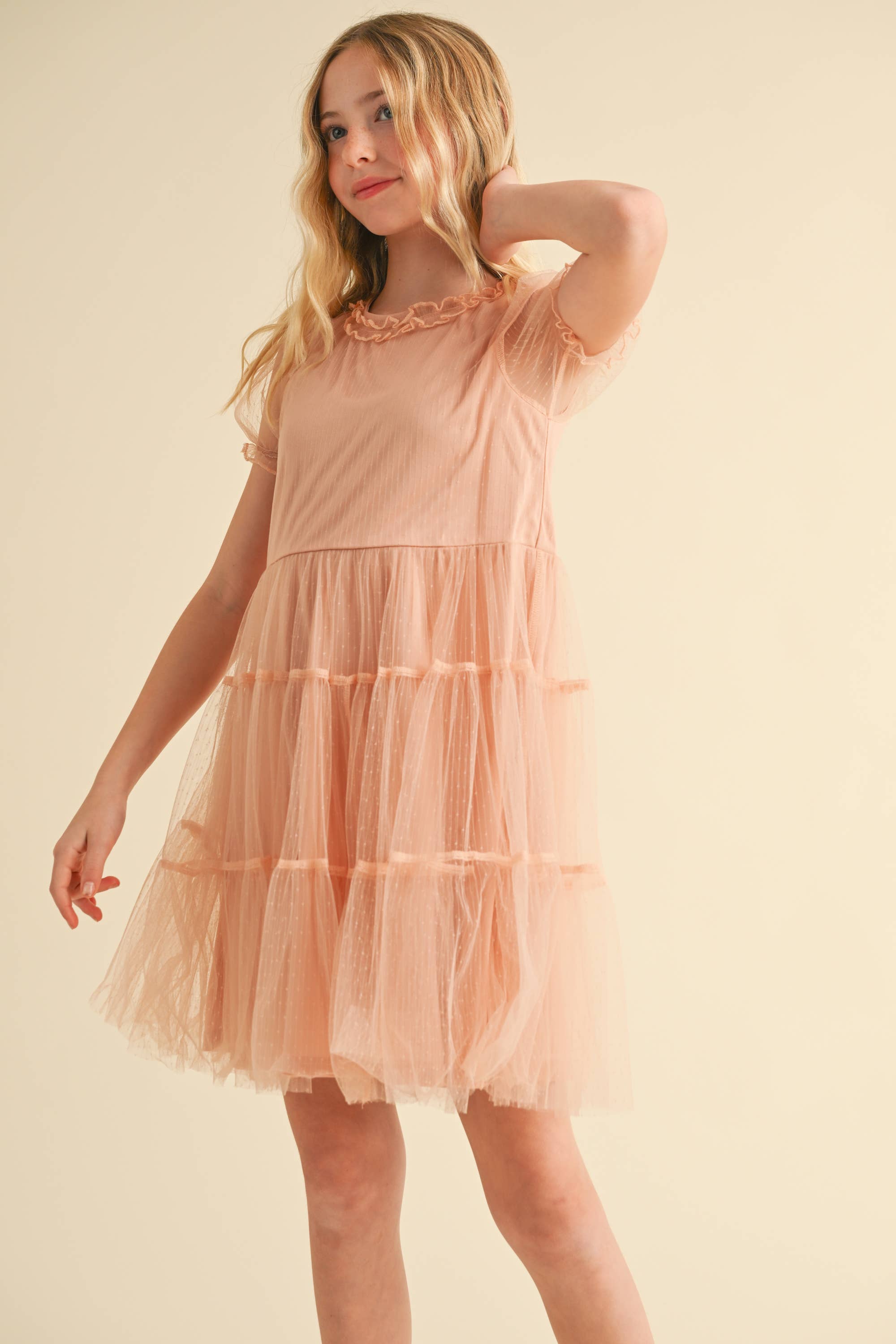 TWEEN GIRLS KIDS PUFF SLV TIERED MESH MINI DRESS (7-12)