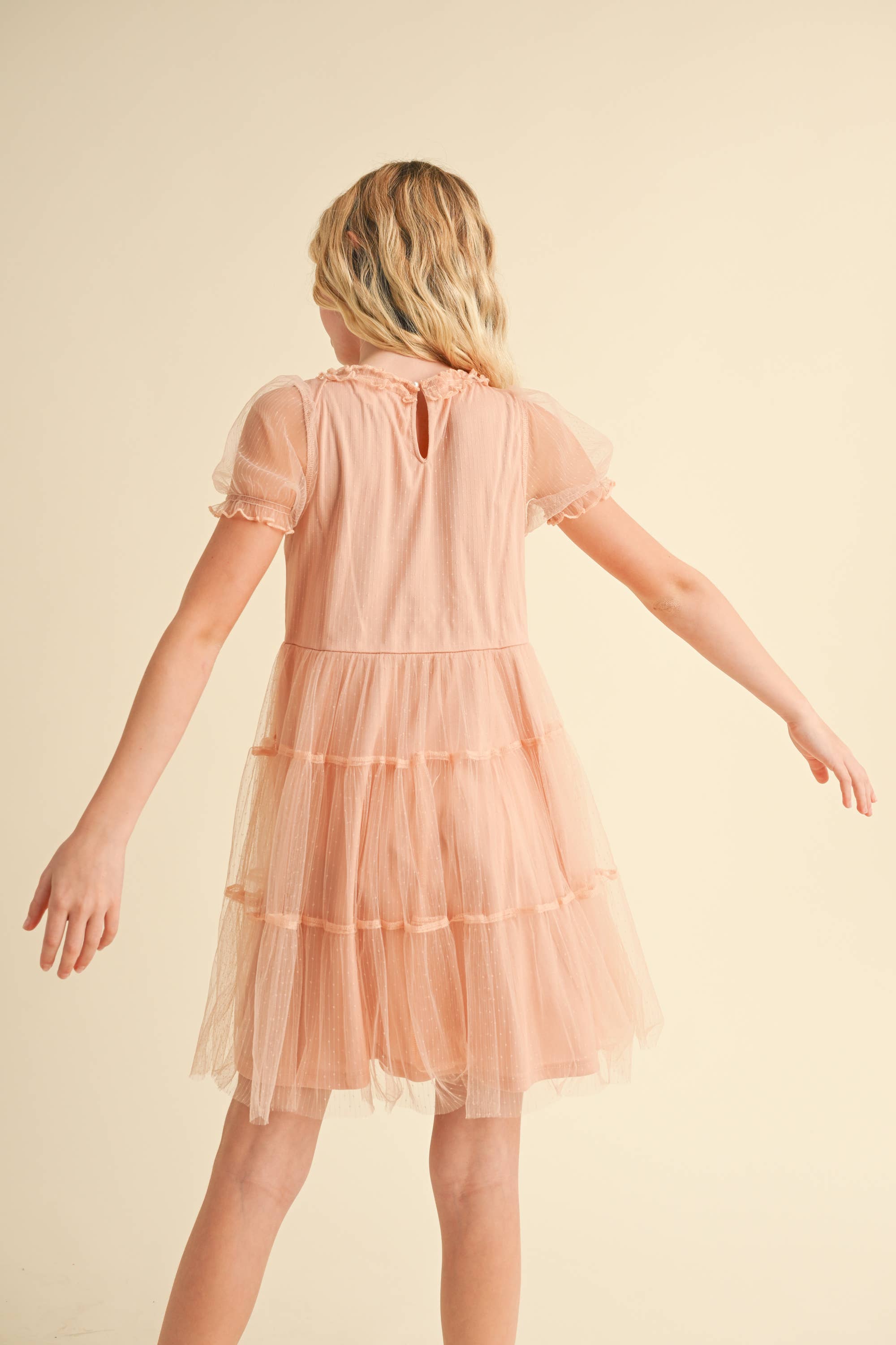 TWEEN GIRLS KIDS PUFF SLV TIERED MESH MINI DRESS (7-12)