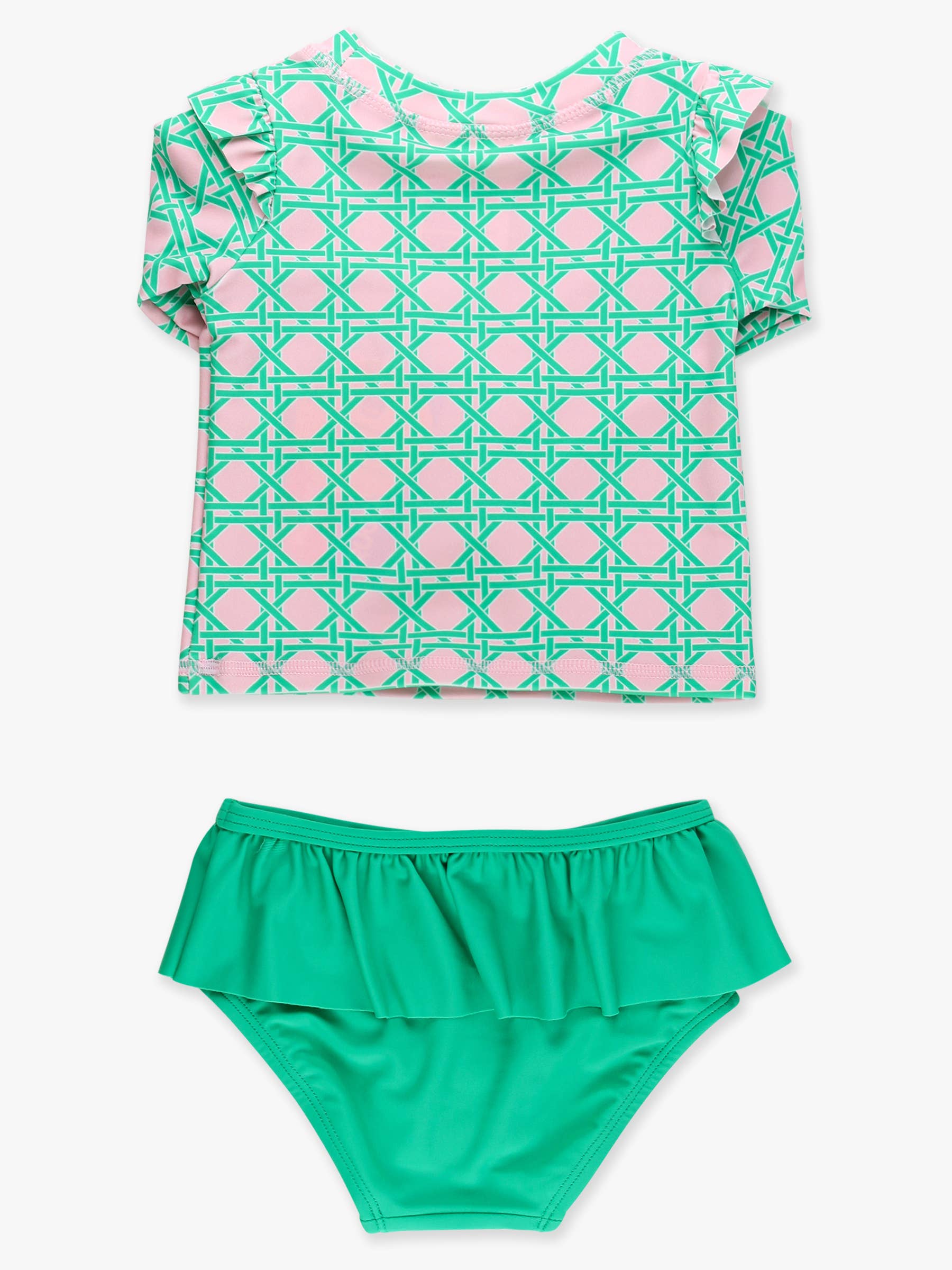 Girls Pink Coastal Cane Flutter Long Sleeve Rash Guard Skirted 2-Piece Swimsuit