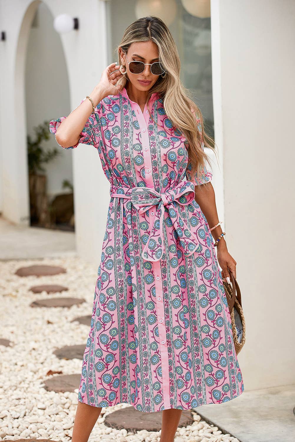LDC Floral Shirred Puff Sleeve Buttoned Front Midi Dress