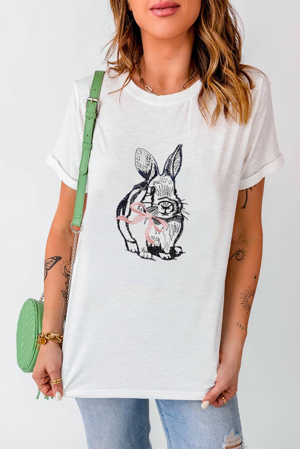LDC Easter Bunny Embroidered Bow Graphic Tee