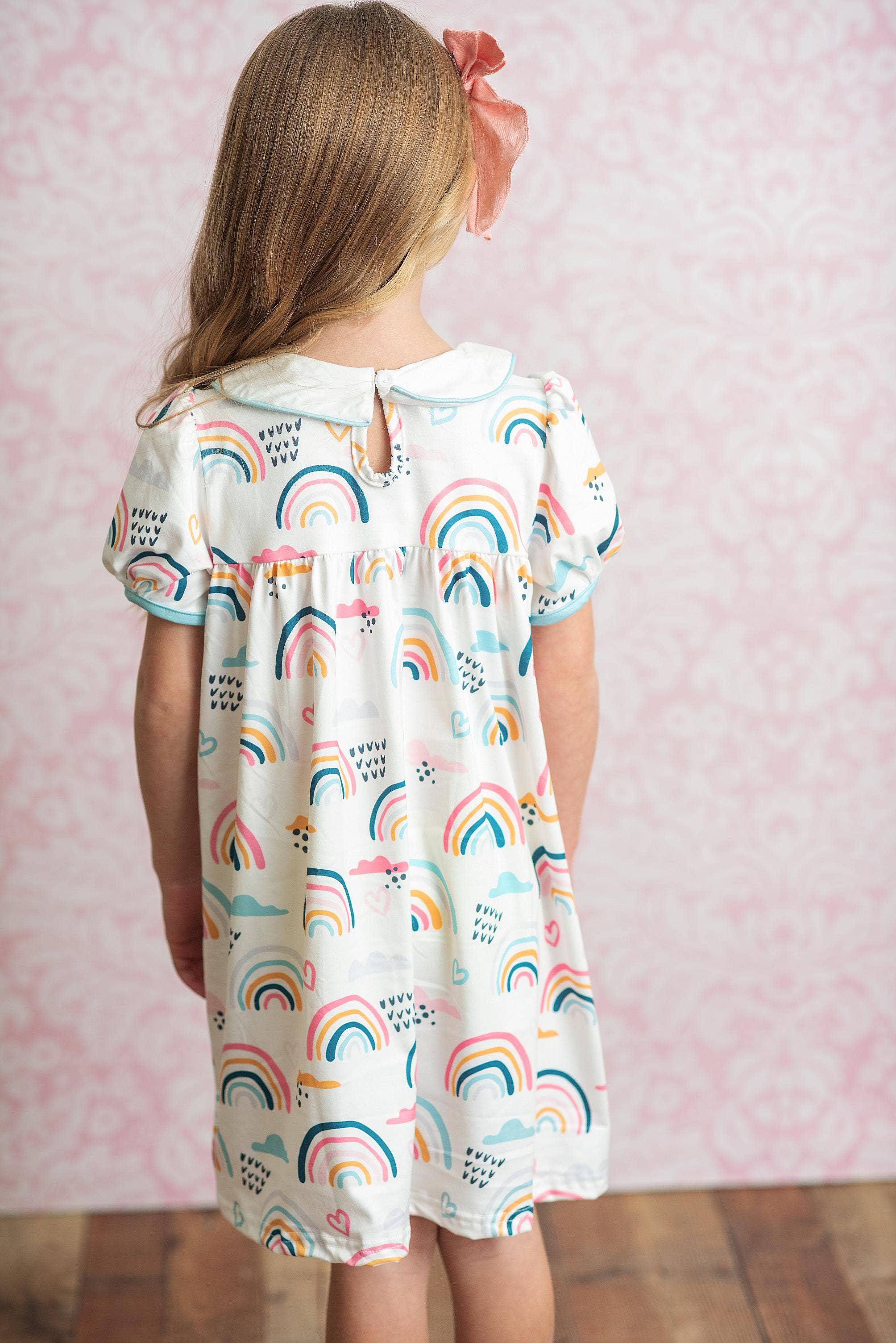 Kids Pastel Rainbow Collared Embroidered Spring Easter Dress