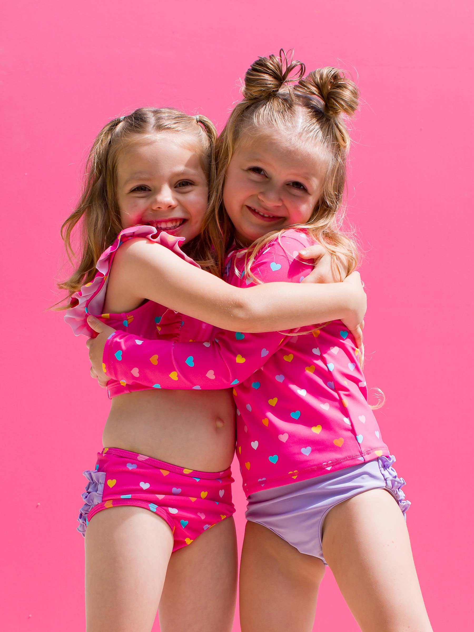 Girls Colorful Hearts Long Sleeve Zipper Rash Guard 2-Piece Swimsuit with Signature Rear Ruffles