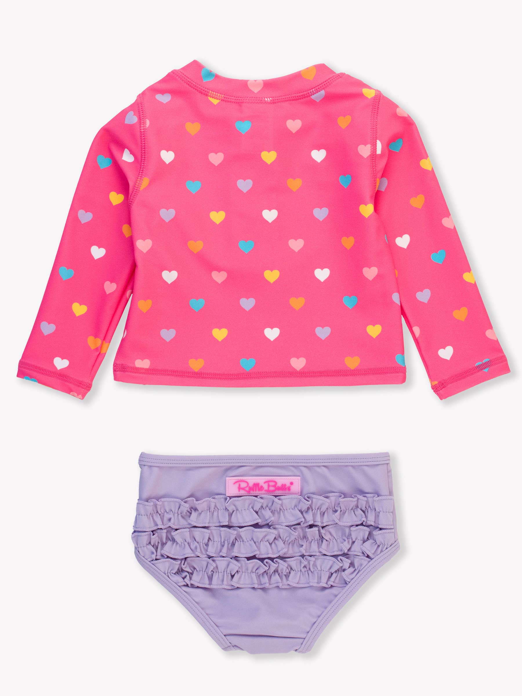 Girls Colorful Hearts Long Sleeve Zipper Rash Guard 2-Piece Swimsuit with Signature Rear Ruffles