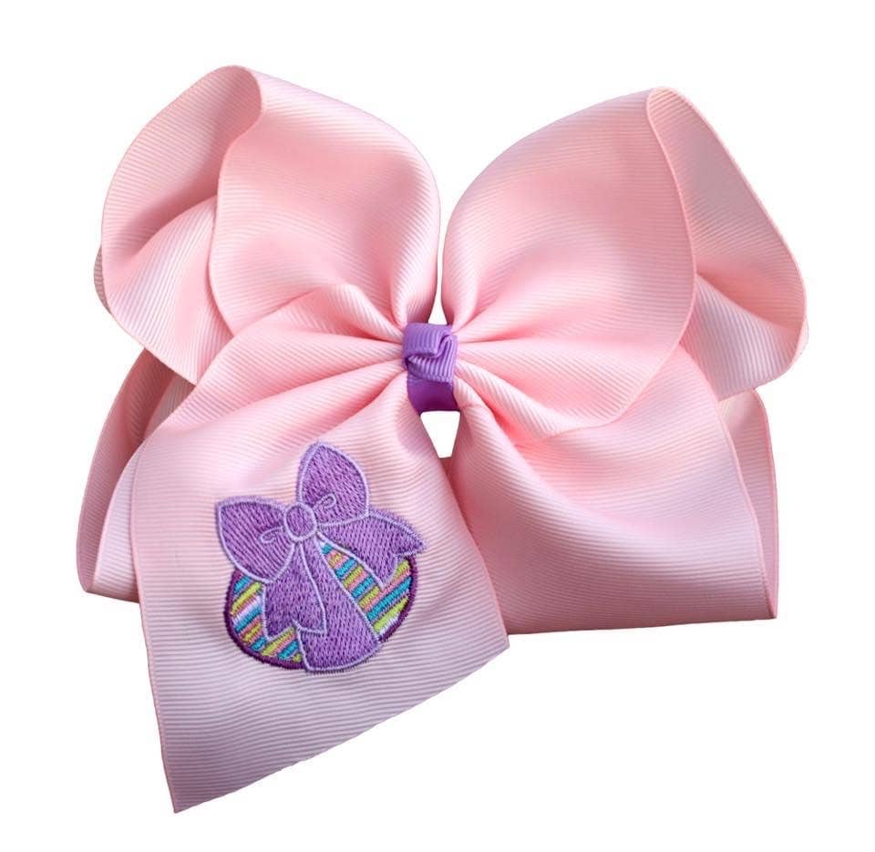 Light Pink with striped Easter Egg Embroidered Hair Bow