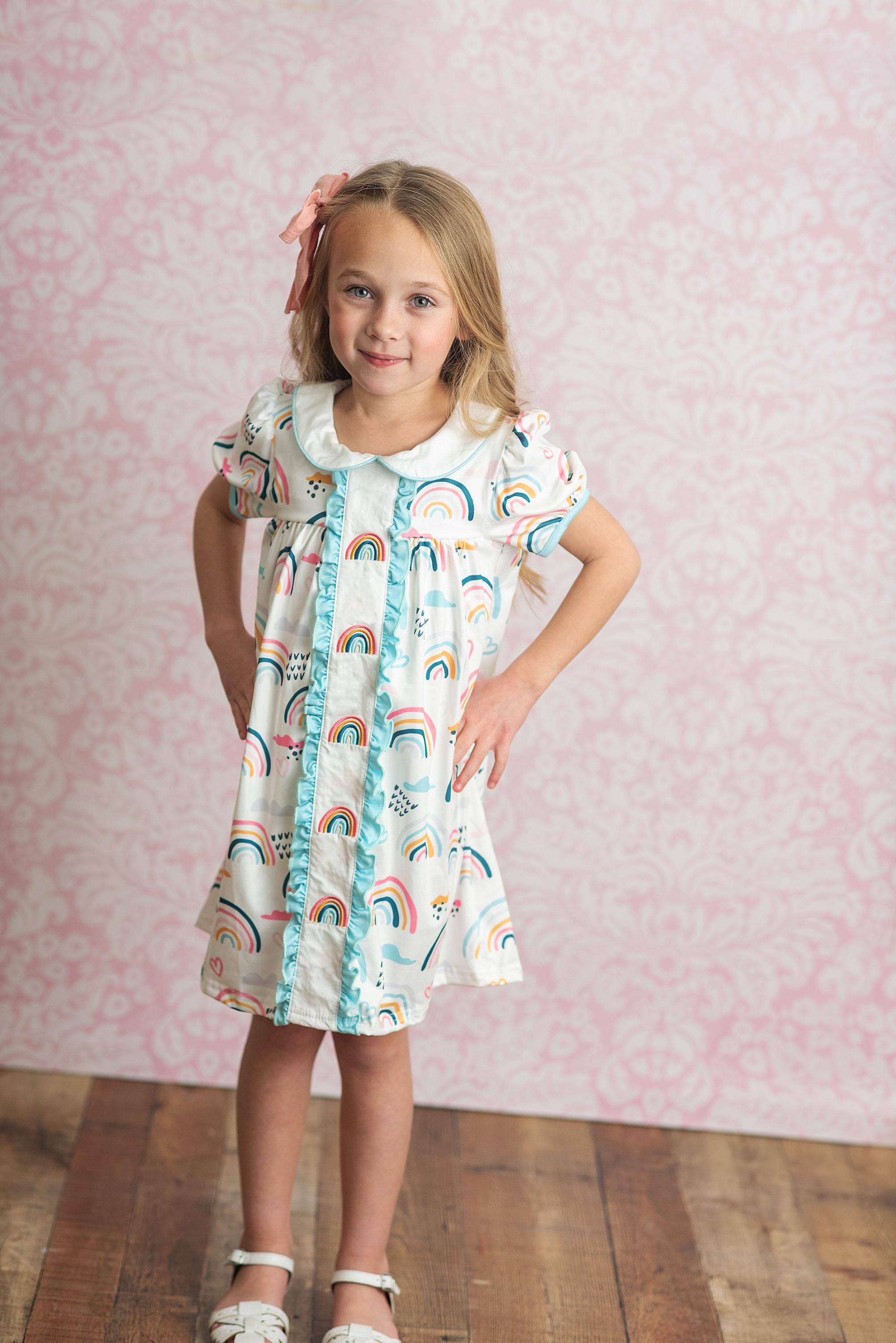 Kids Pastel Rainbow Collared Embroidered Spring Easter Dress