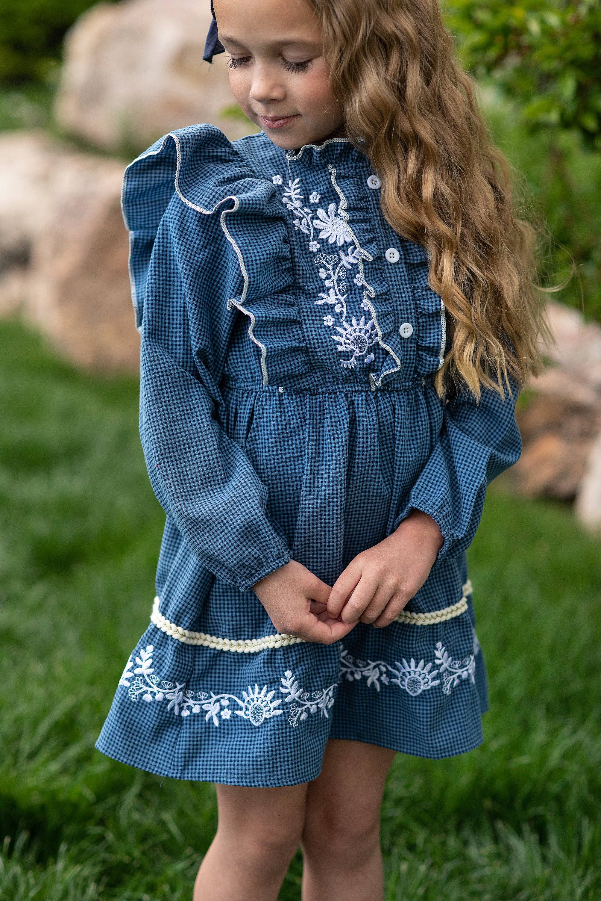Kids Blue Check Embroidered Ruffle Long Sleeve Fall Dress
