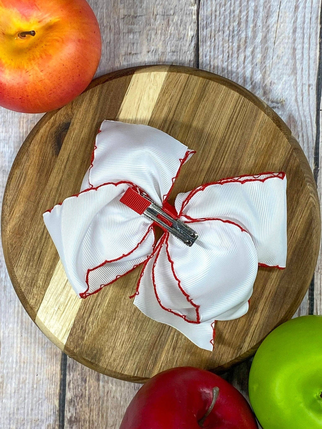 White Apple Embroidered Moonstitch Hair Bow | Clip or Headband