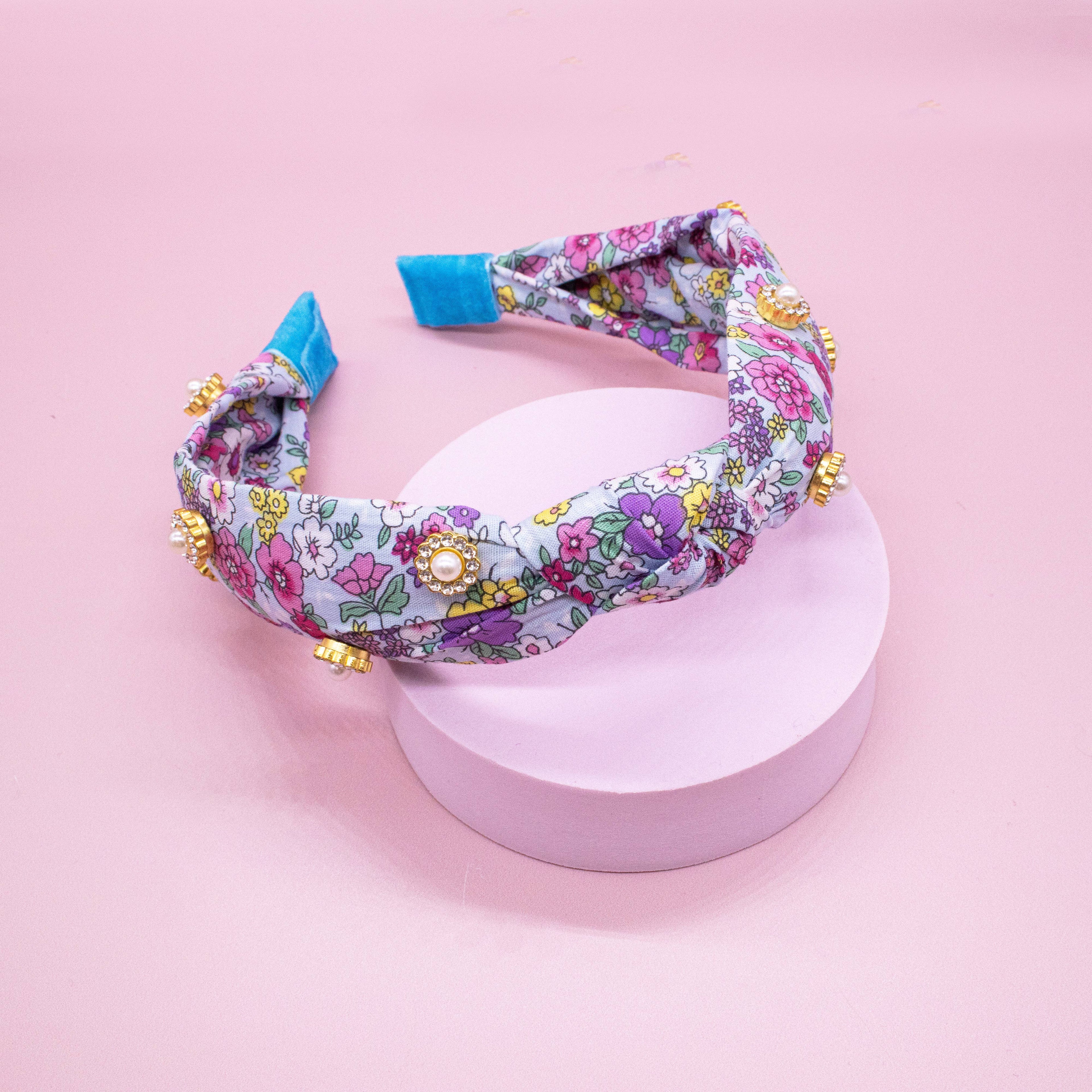 Kids Knot Headband - Embellished Floral Rhinestone Pearl
