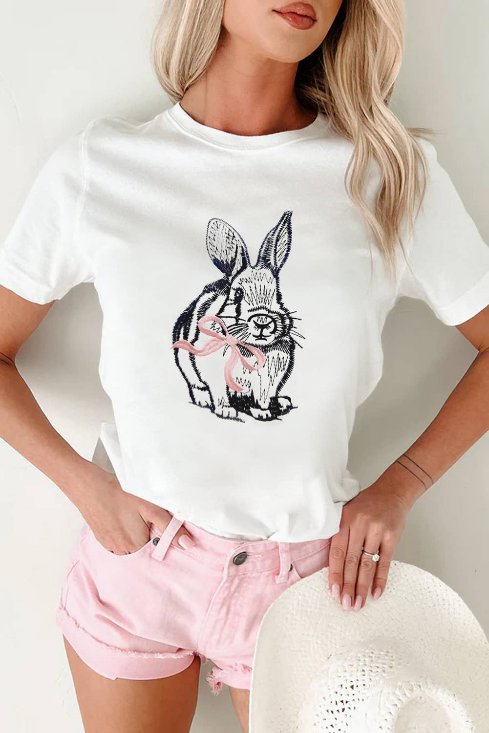 LDC Easter Bunny Embroidered Bow Graphic Tee