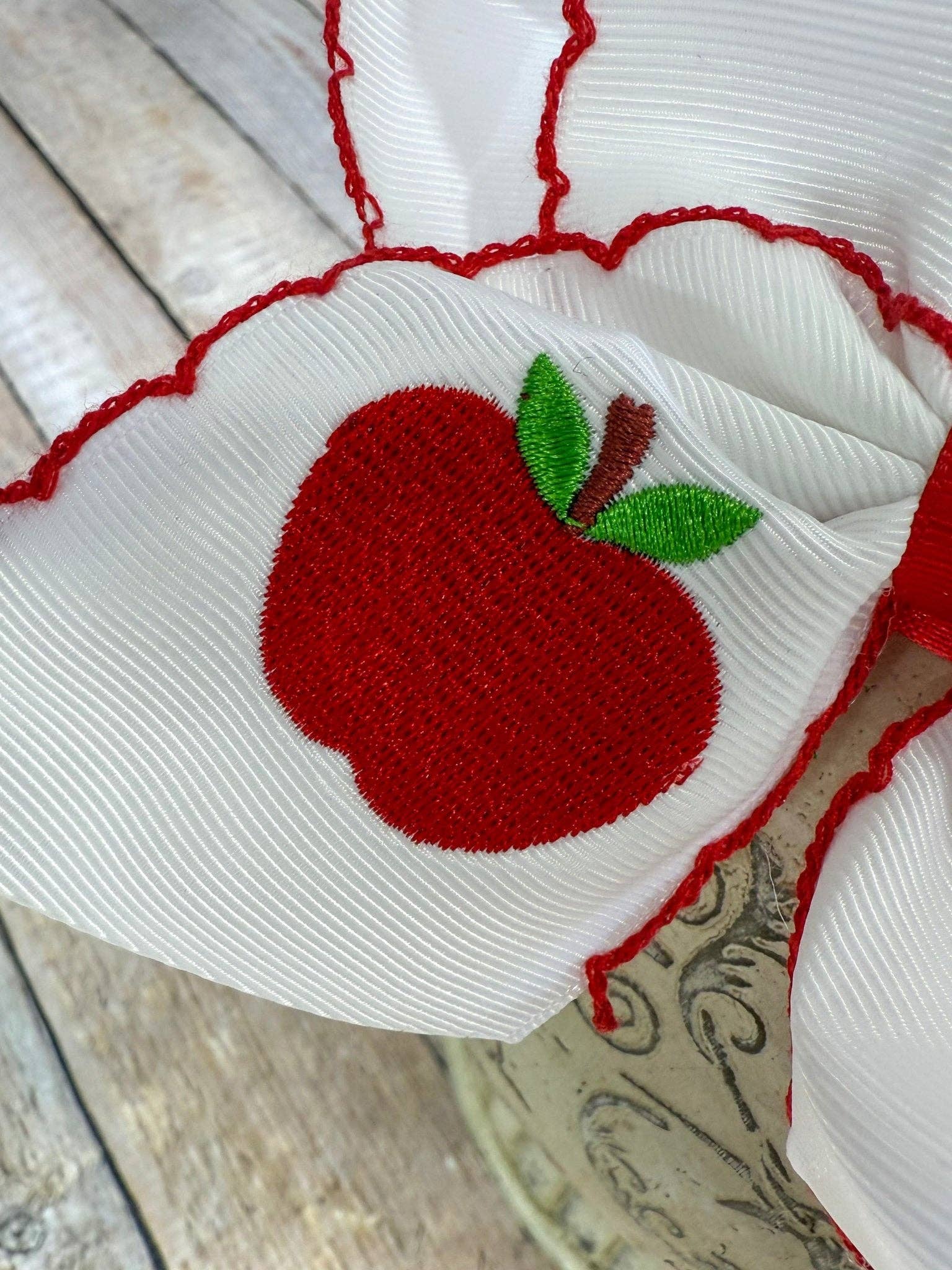 White Apple Embroidered Moonstitch Hair Bow | Clip or Headband