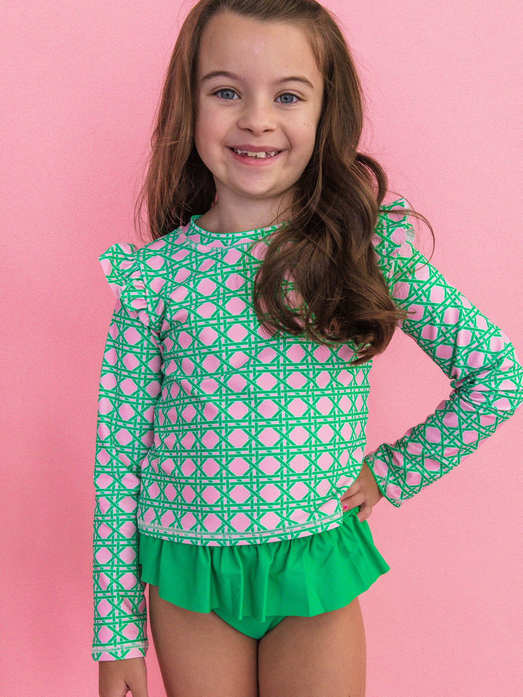 Girls Pink Coastal Cane Flutter Long Sleeve Rash Guard Skirted 2-Piece Swimsuit