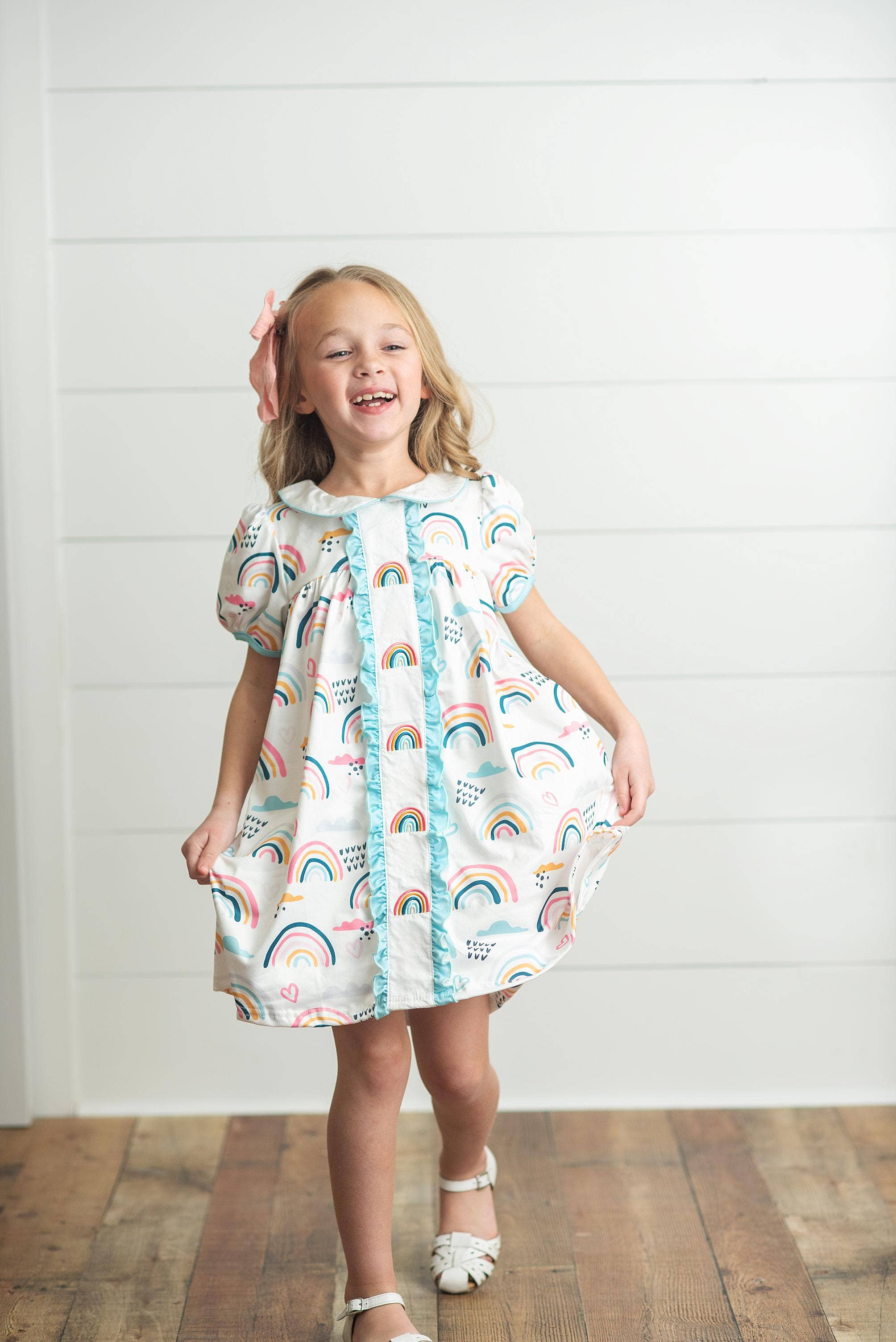 Kids Pastel Rainbow Collared Embroidered Spring Easter Dress