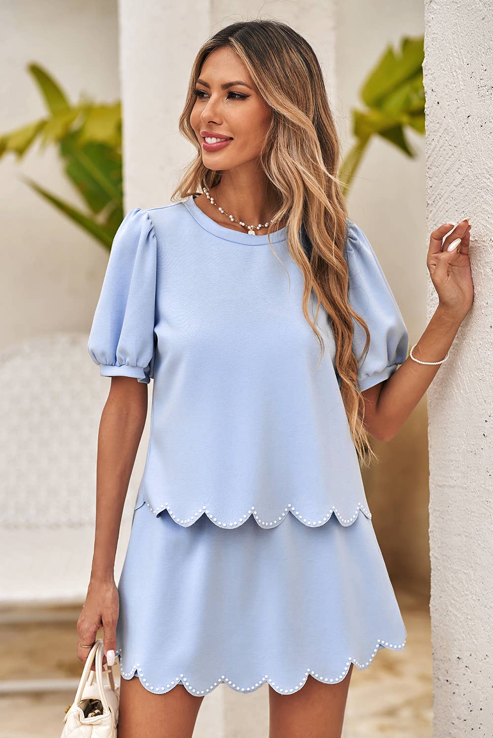 LDC Puff Sleeve Pearl Beaded Scallop Trim Top 2 Piece Skort