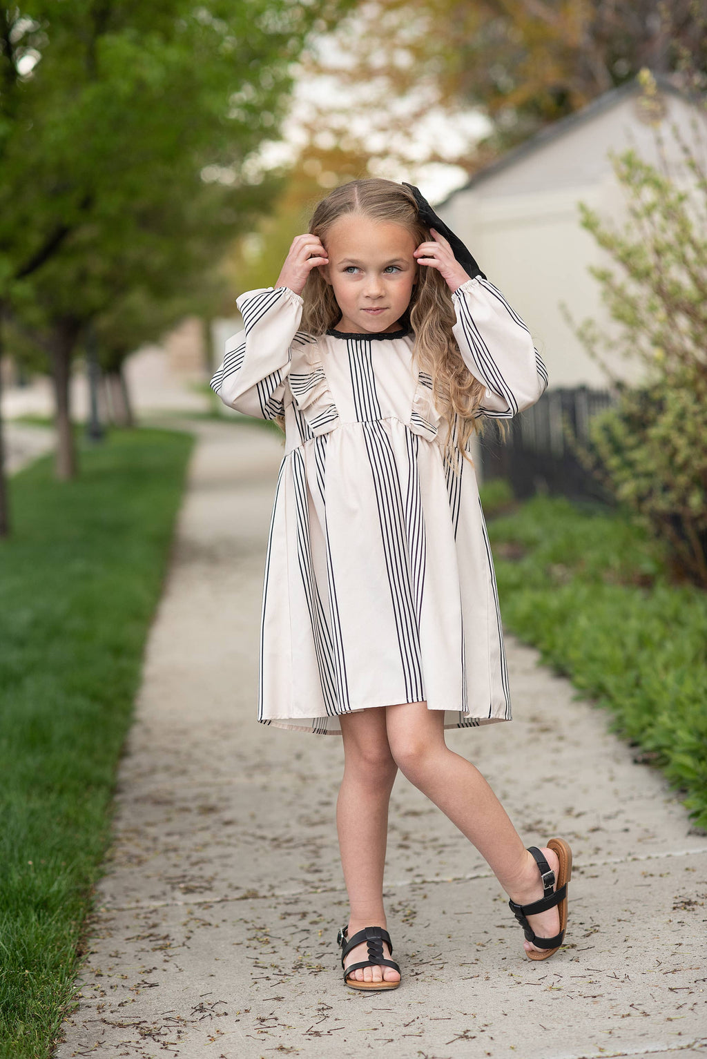 Kids Cream & Black Stripe Long Puff Sleeve Ruffle Fall Dress