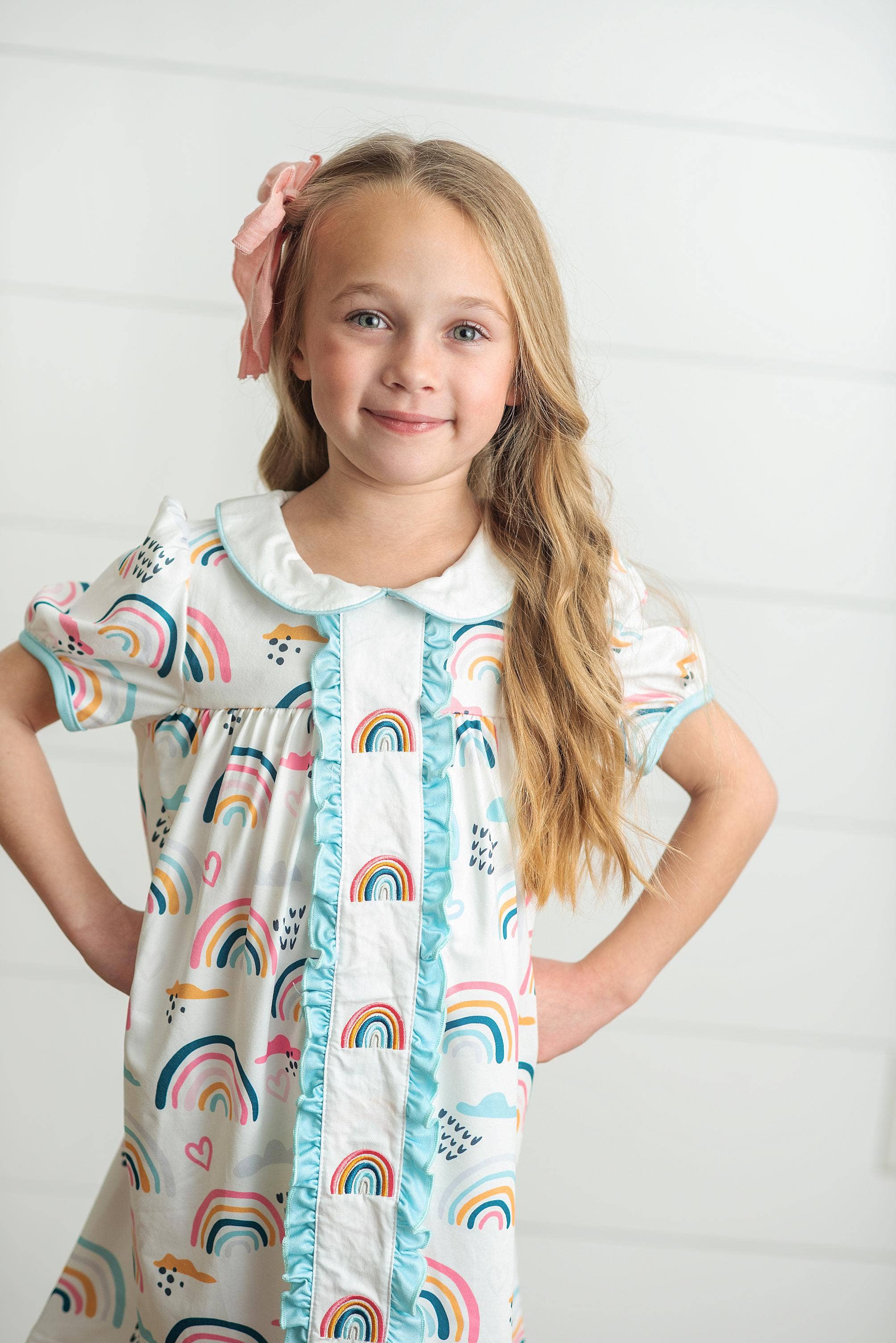 Kids Pastel Rainbow Collared Embroidered Spring Easter Dress