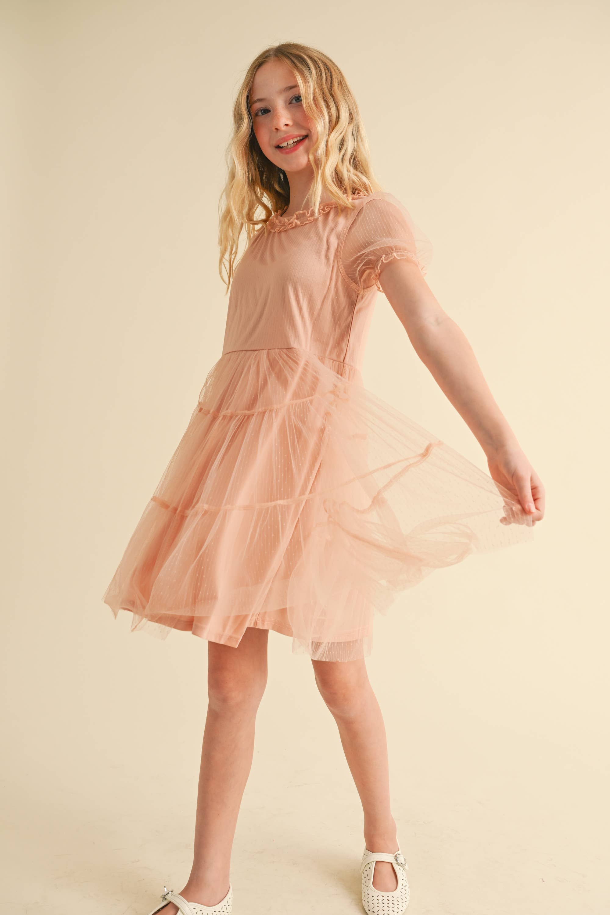 TWEEN GIRLS KIDS PUFF SLV TIERED MESH MINI DRESS (7-12)