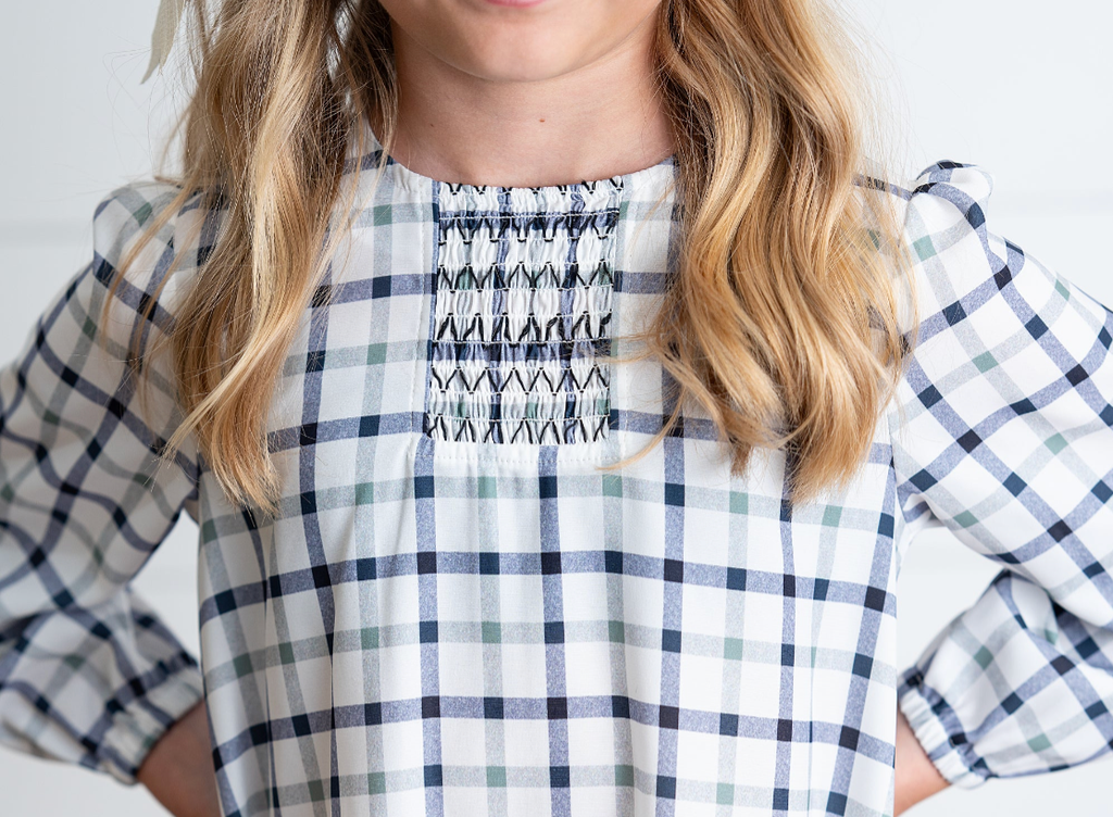 Girls Navy & White Plaid Smocked Ruffle Fall Winter Dress