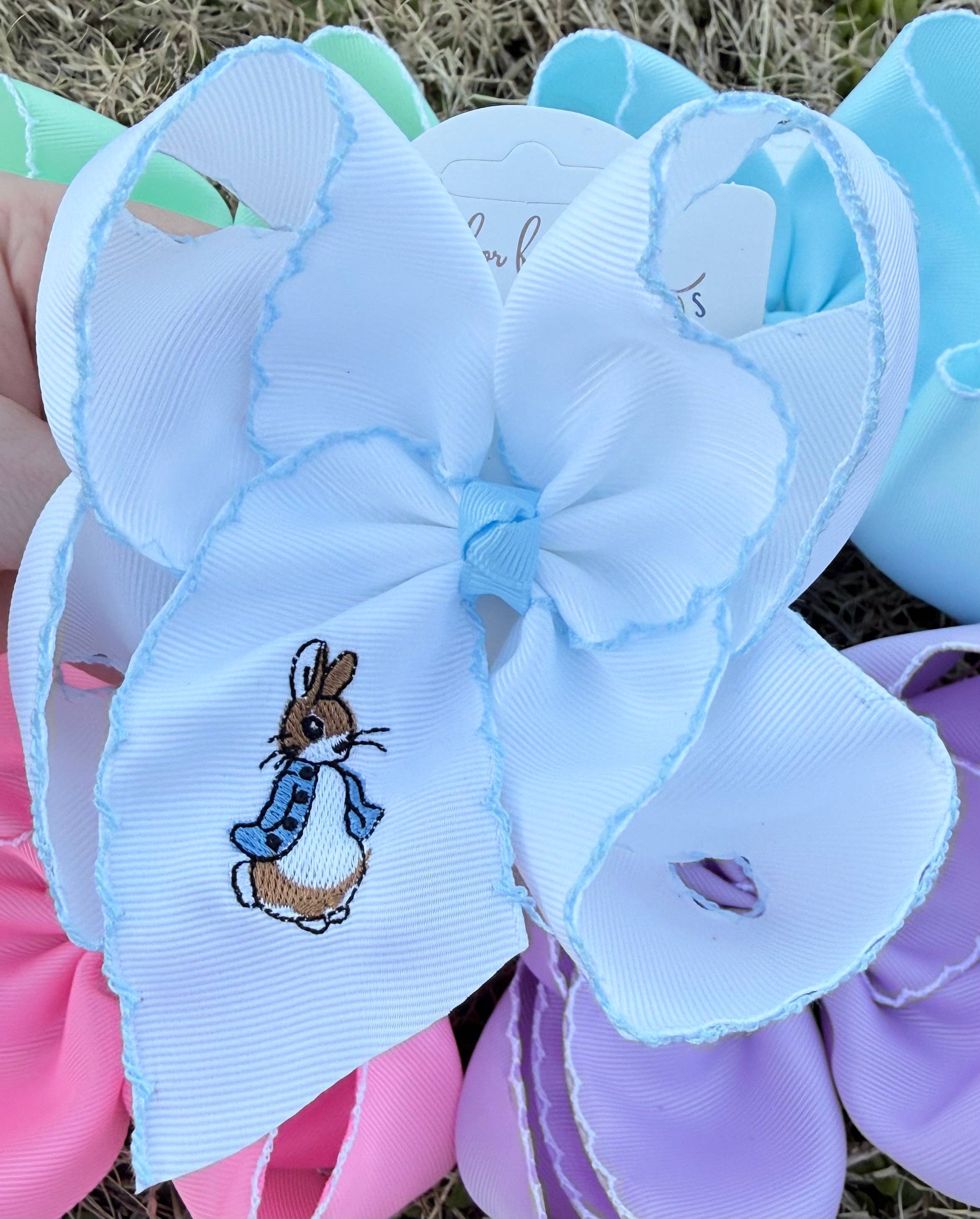 Blue Rabbit Embroidered Hair Bow