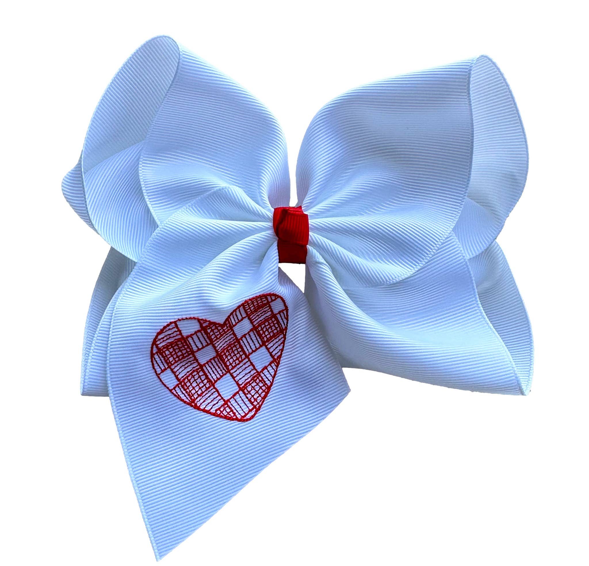 Red Checkered Heart Embroidered Hair Bow
