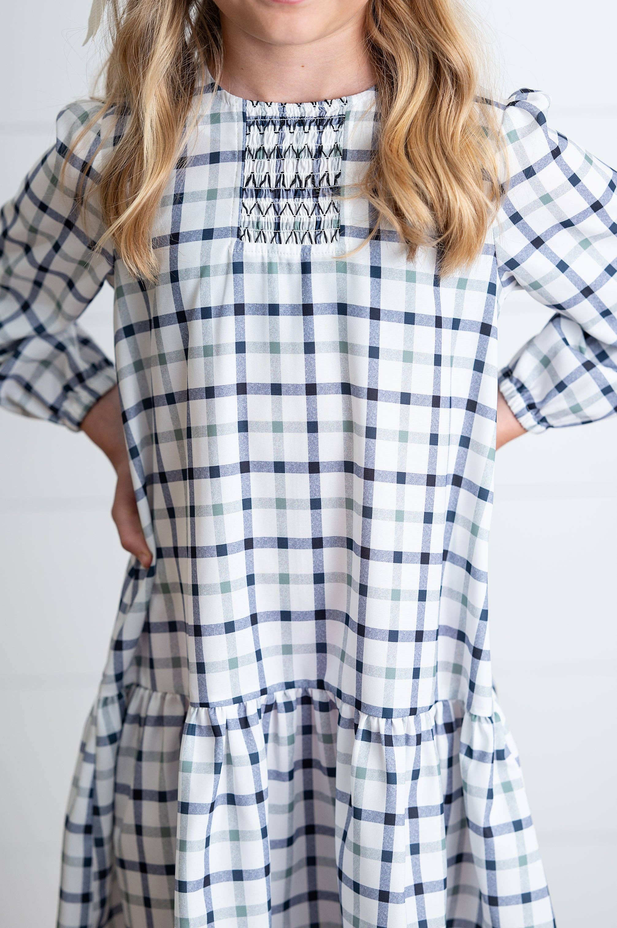 Girls Navy & White Plaid Smocked Ruffle Fall Winter Dress