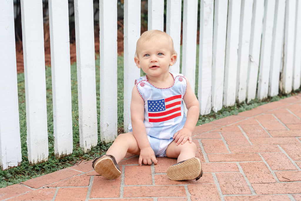 Light Blue Gingham USA American Flag Romper