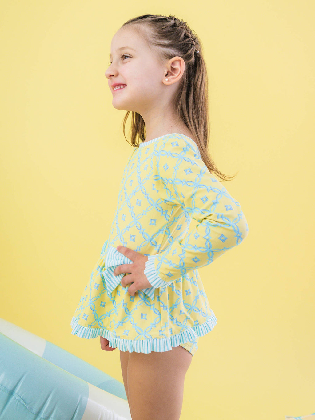 Girls Banana Coastal Charm Long Sleeve One Piece Bow Peplum Rash Guard Swimsuit