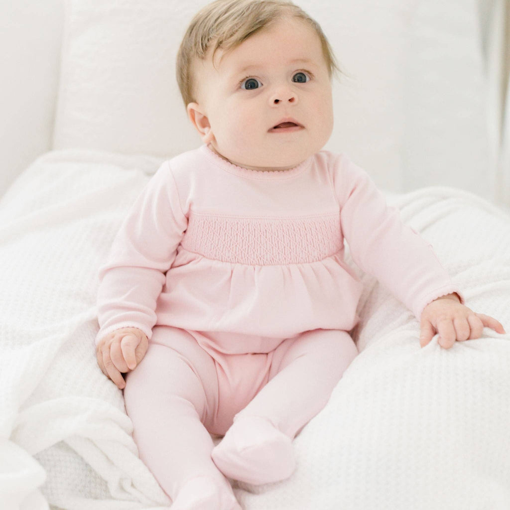 Newborn Baby Girl Pink Smocked Footie - Soft Pima Cotton