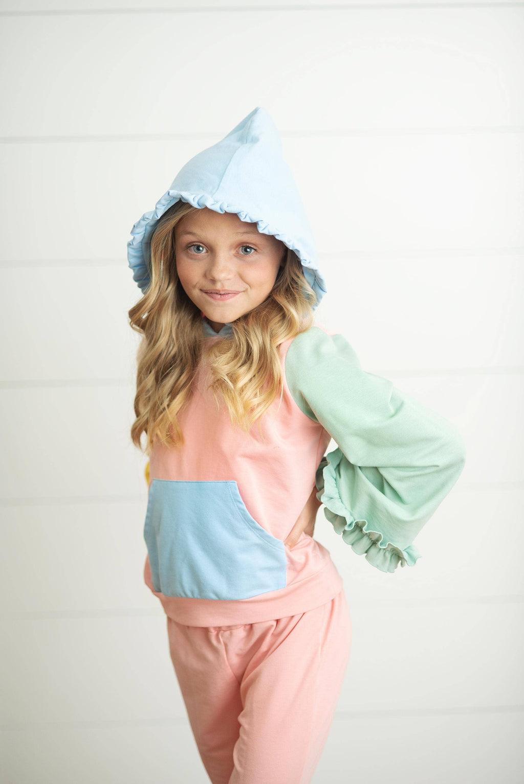 Kids Pastel Color Block Hooded Ruffle Pocket Fall Lounge Set