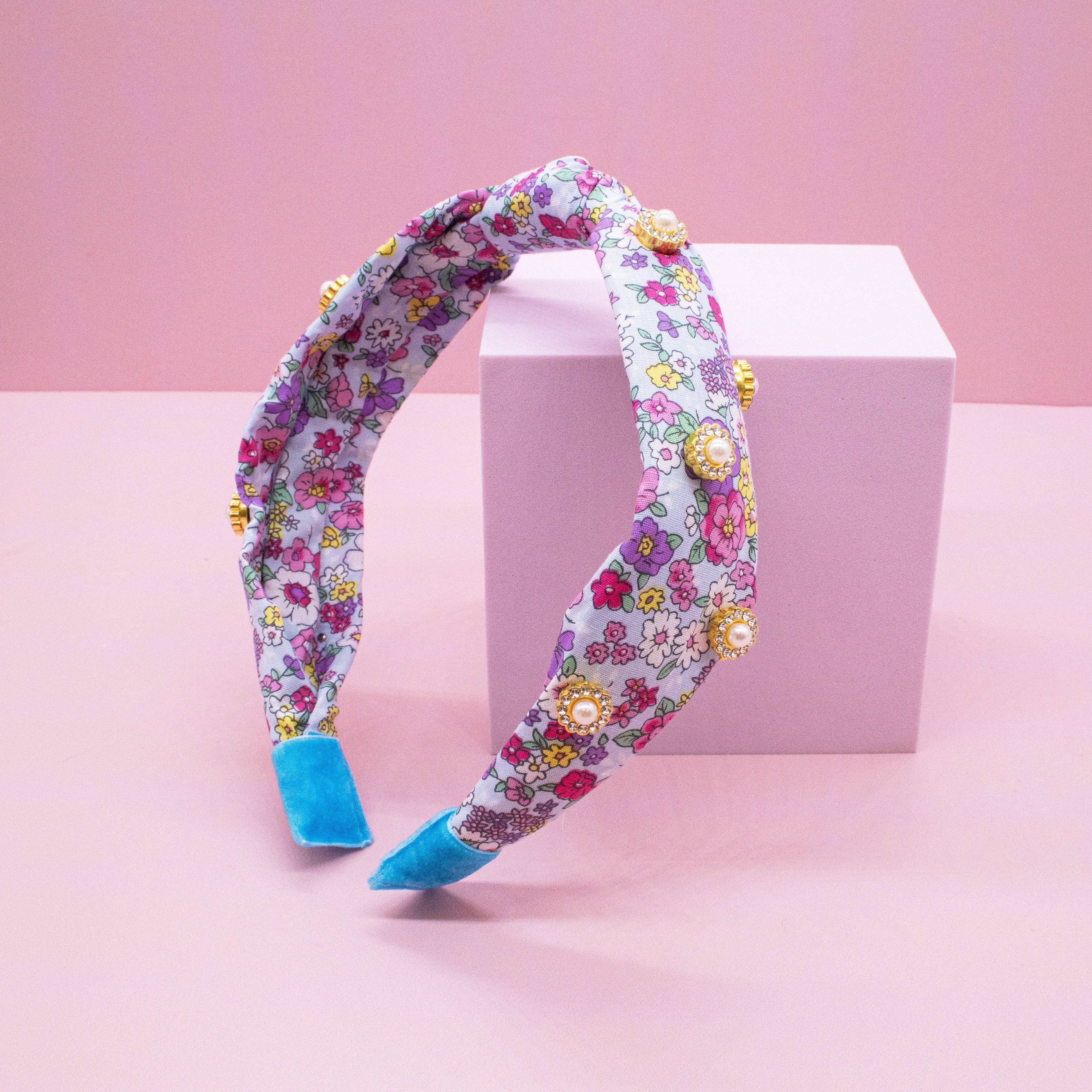 Kids Knot Headband - Embellished Floral Rhinestone Pearl