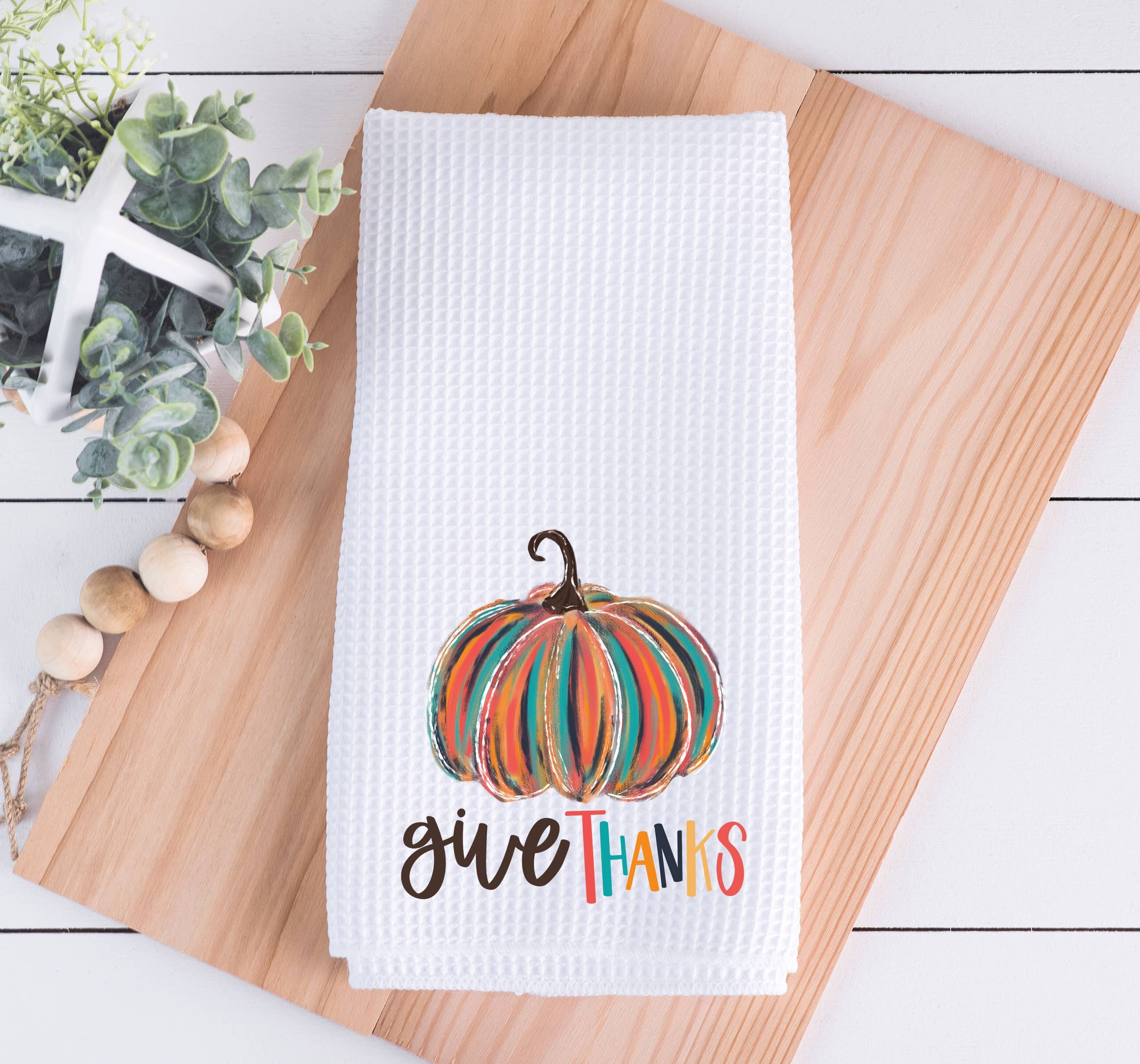 Give Thanks Colorful Pumpkin Fall Kitchen Towel