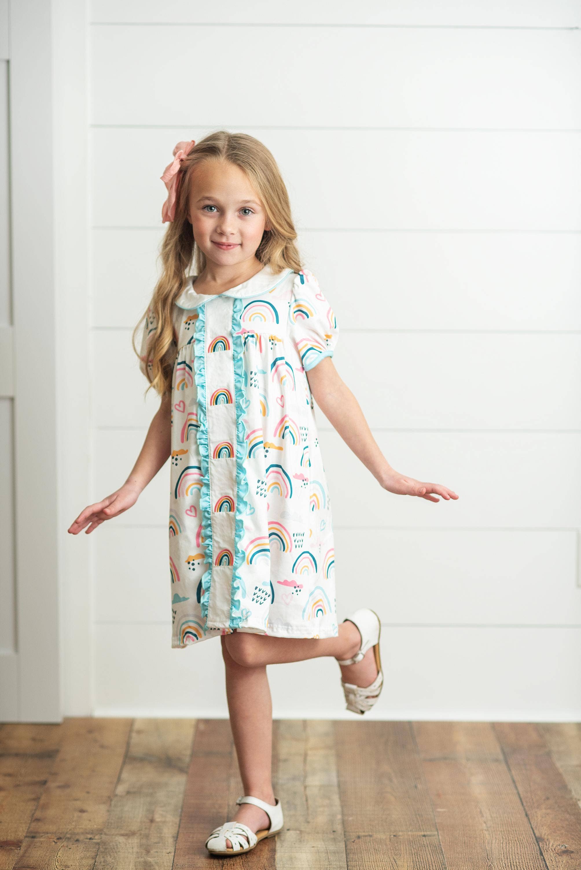 Kids Pastel Rainbow Collared Embroidered Spring Easter Dress
