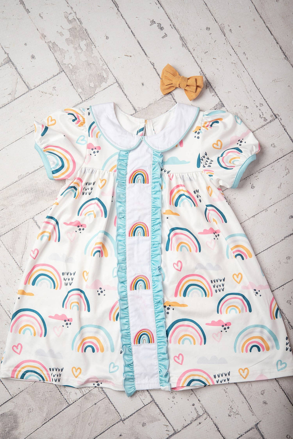 Kids Pastel Rainbow Collared Embroidered Spring Easter Dress