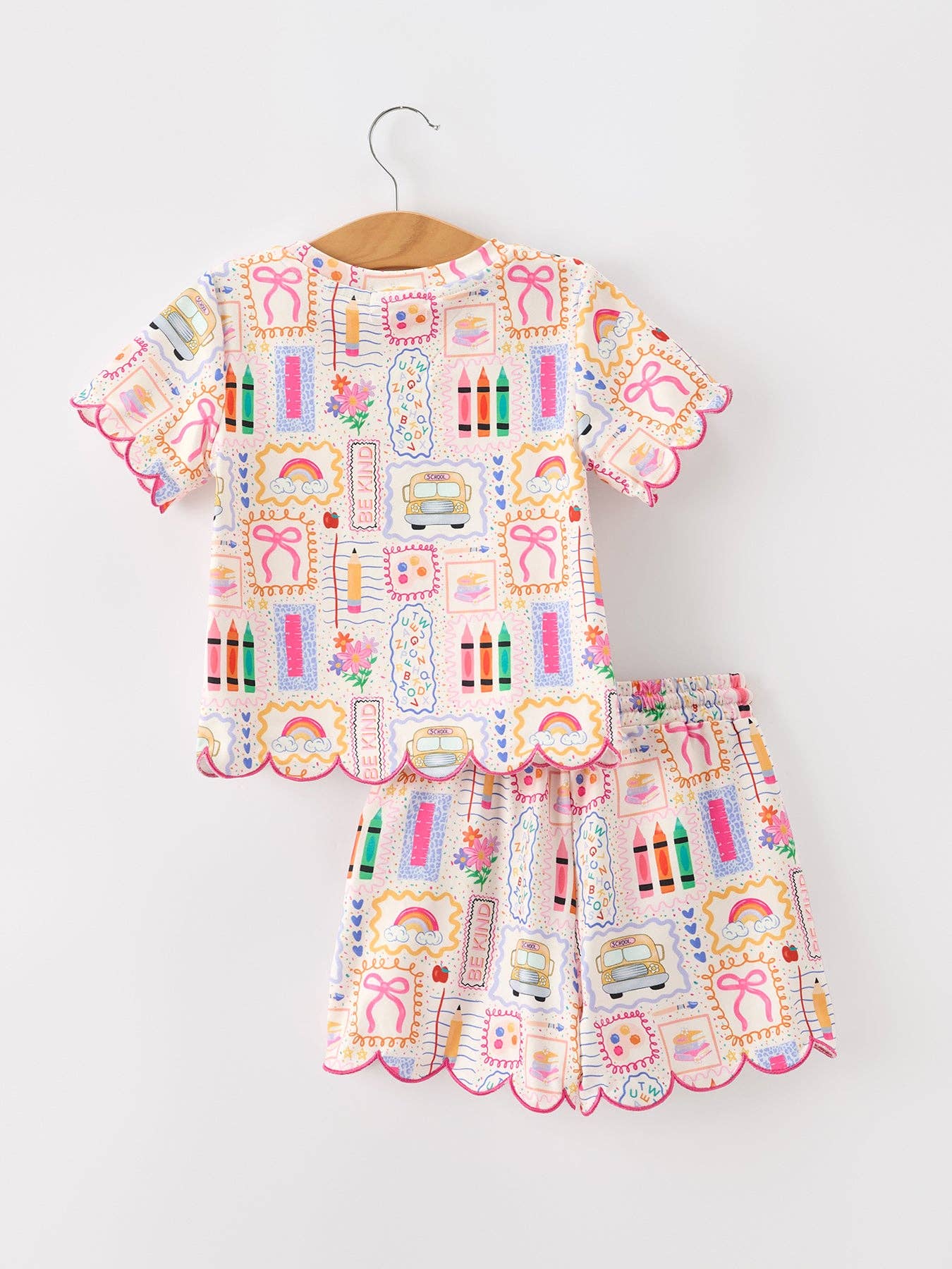 Back to School Print Girl Short Set Scallop Hem