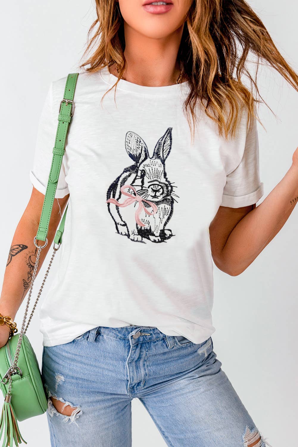 LDC Easter Bunny Embroidered Bow Graphic Tee