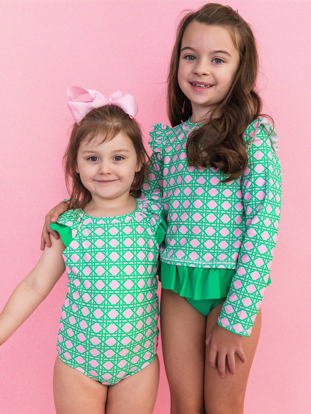 Girls Pink Coastal Cane Flutter Long Sleeve Rash Guard Skirted 2-Piece Swimsuit