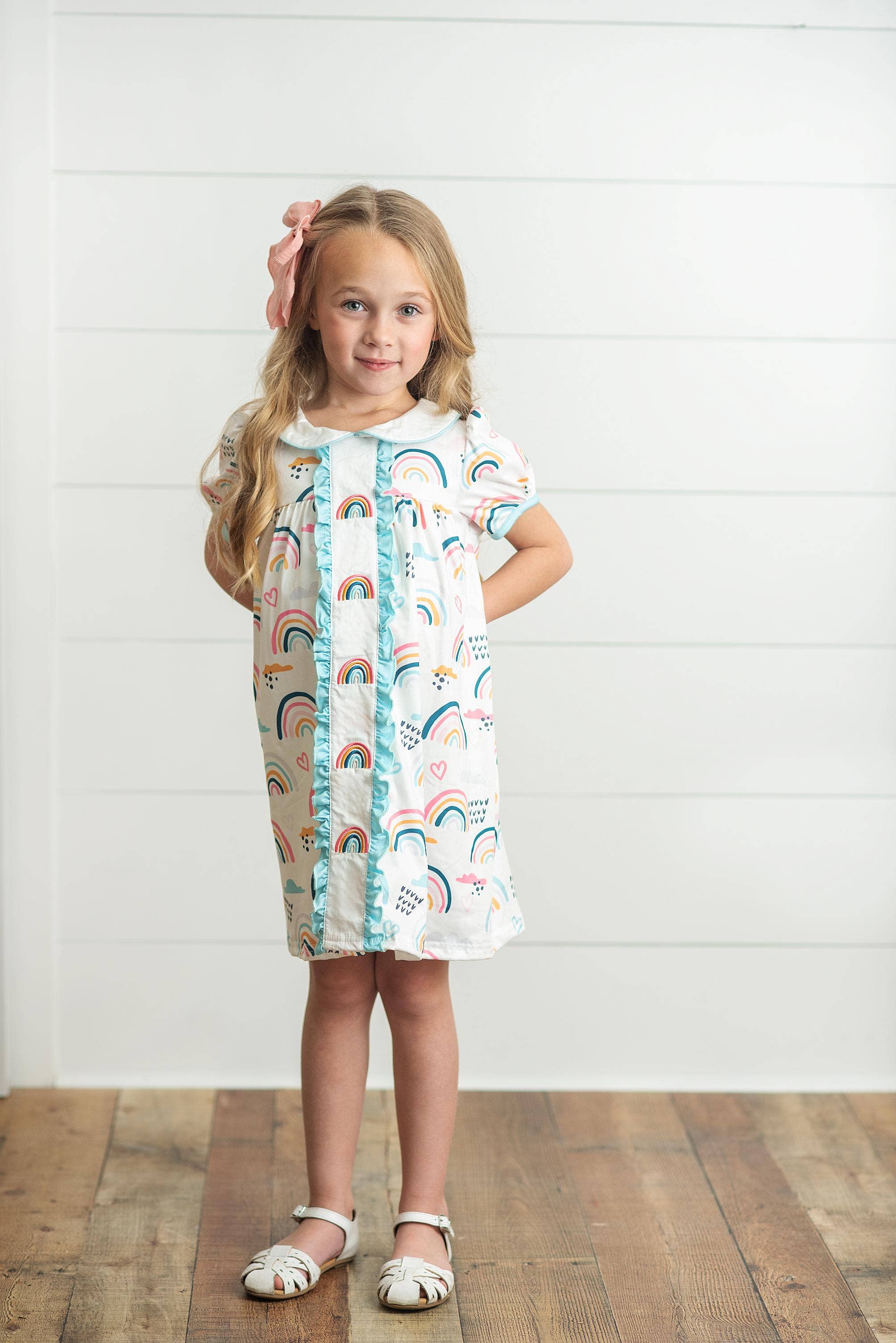 Kids Pastel Rainbow Collared Embroidered Spring Easter Dress